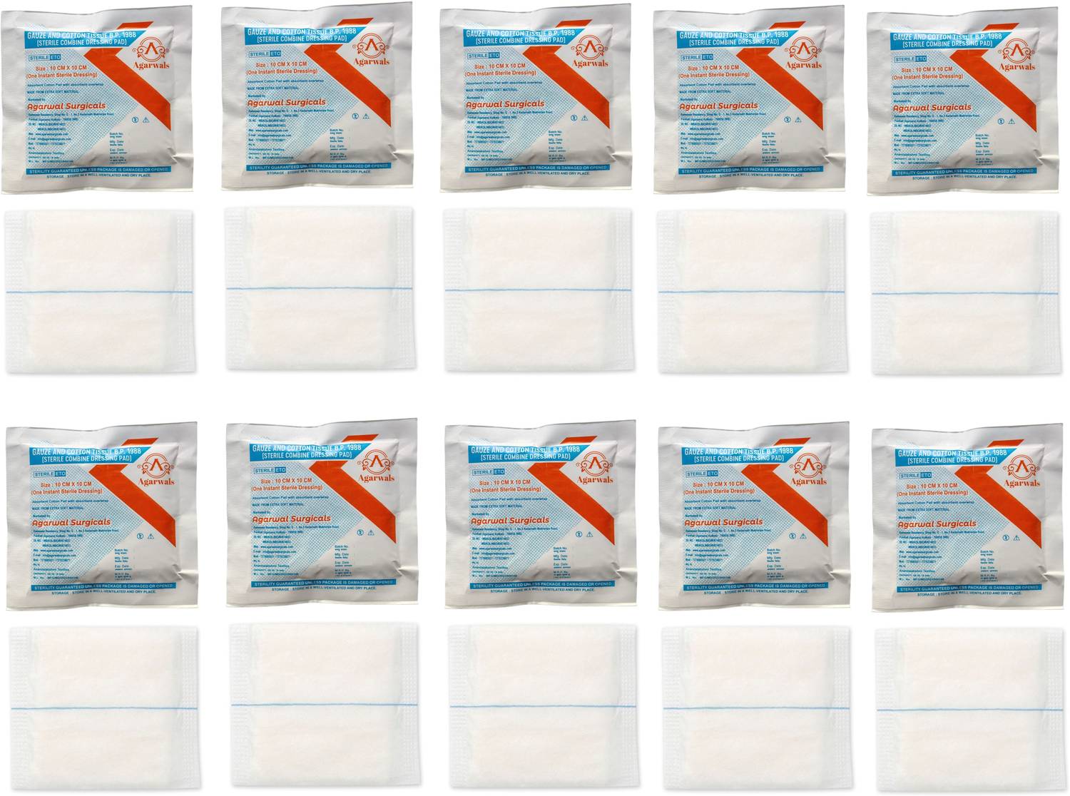 Agarwals Gauze & Cotton Tissue Sterile Combine Dressing Surgical Pad 10CM * 10CM (10 pcs) Interactive dressings Medical Dressing