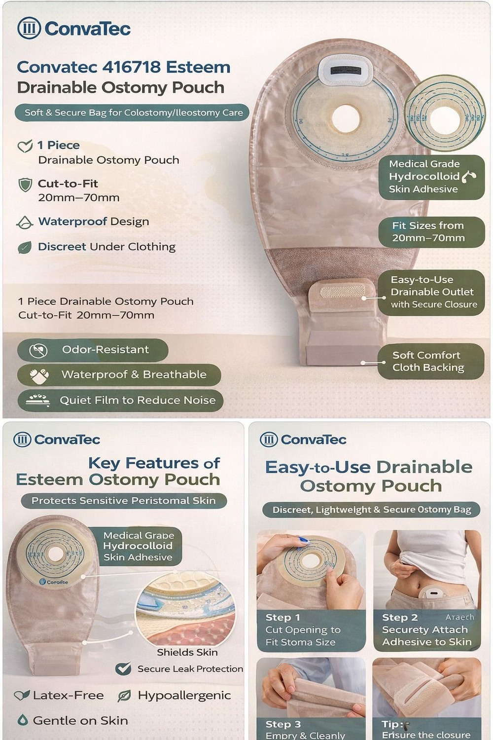 Image of ConvaTec 416718 Esteem Plus Drainable Ostomy Pouch | 20-70mm Cut-to-Fit |Skin Friendly | Hydrocolloid Medical Dressing (Pack of 5)