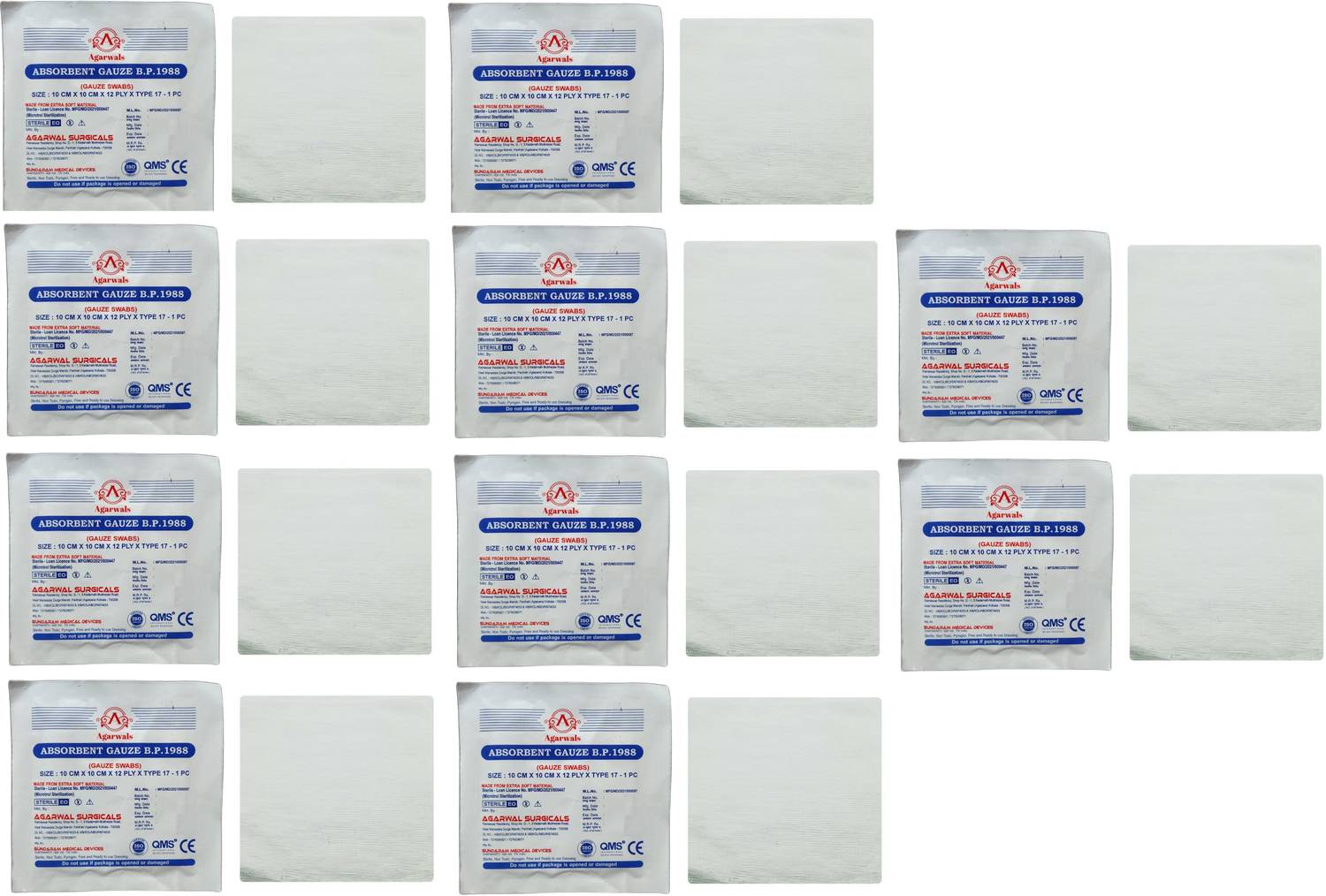 Agarwals Absorbent Gauze Swabs Sterile 10 cm X 10 cm X 12 ply (Single Pack) - 10 Pack Gauze Medical Dressing