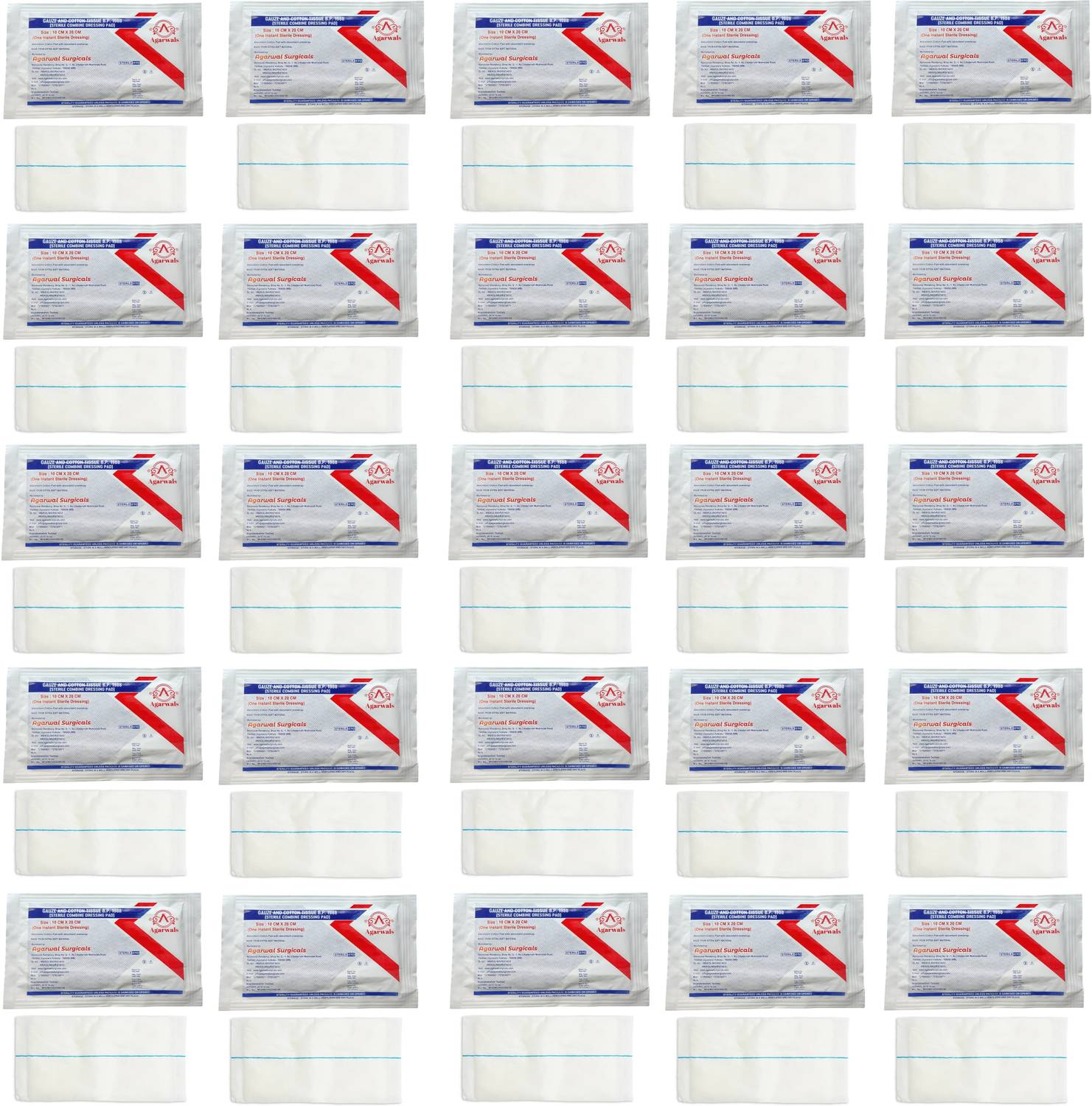 Agarwals Gauze & Cotton Tissue Sterile Combine Dressing Medical Pad 10CMx20CM(25 PCS) Sterile Gauge Roll