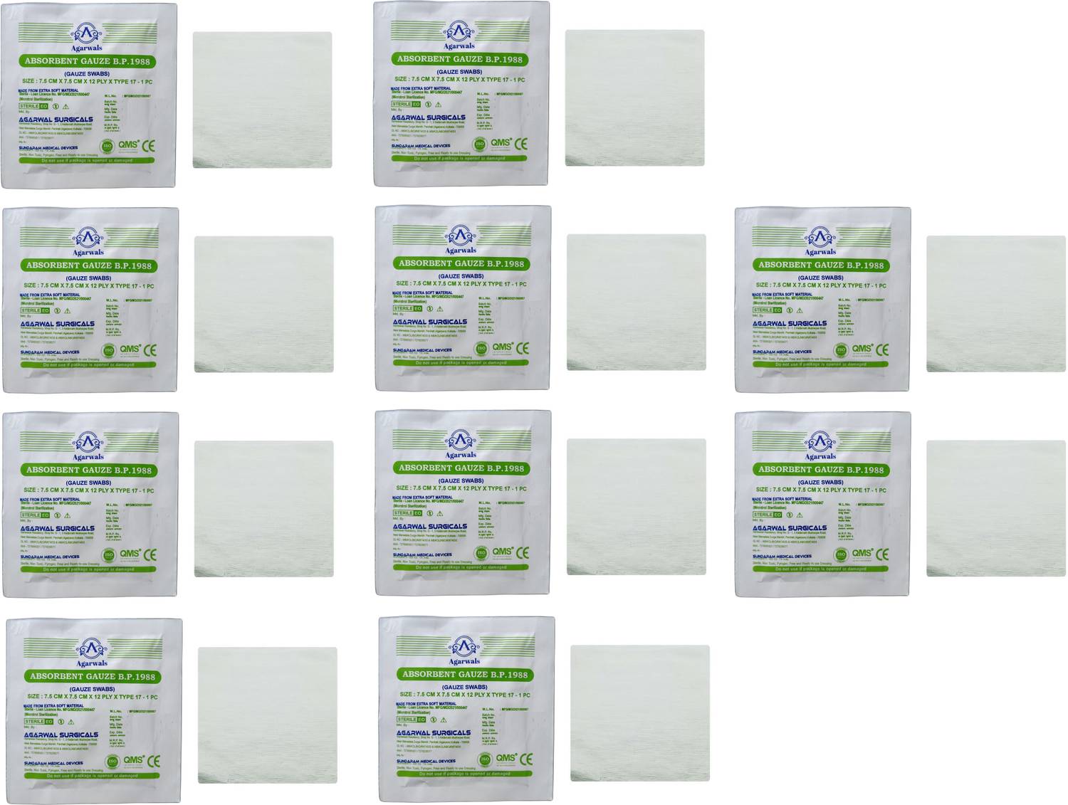 Agarwals Absorbent Gauze Swabs Sterile 7.5 cm X 7.5 cm X 12 ply (Single Pack) - 10 Pack Gauze Medical Dressing