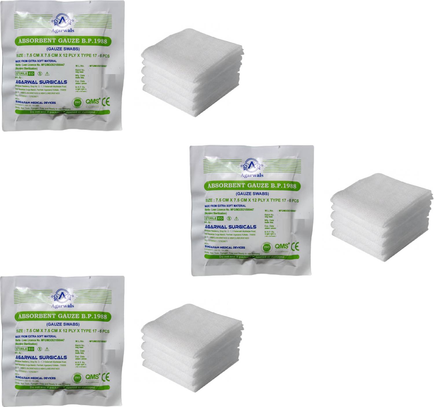 Agarwals Absorbent Gauze Swabs Sterile 7.5 cm X 7.5 cm X 12 ply (5Pcs/Pack) - Pack of 3 Gauze Medical Dressing