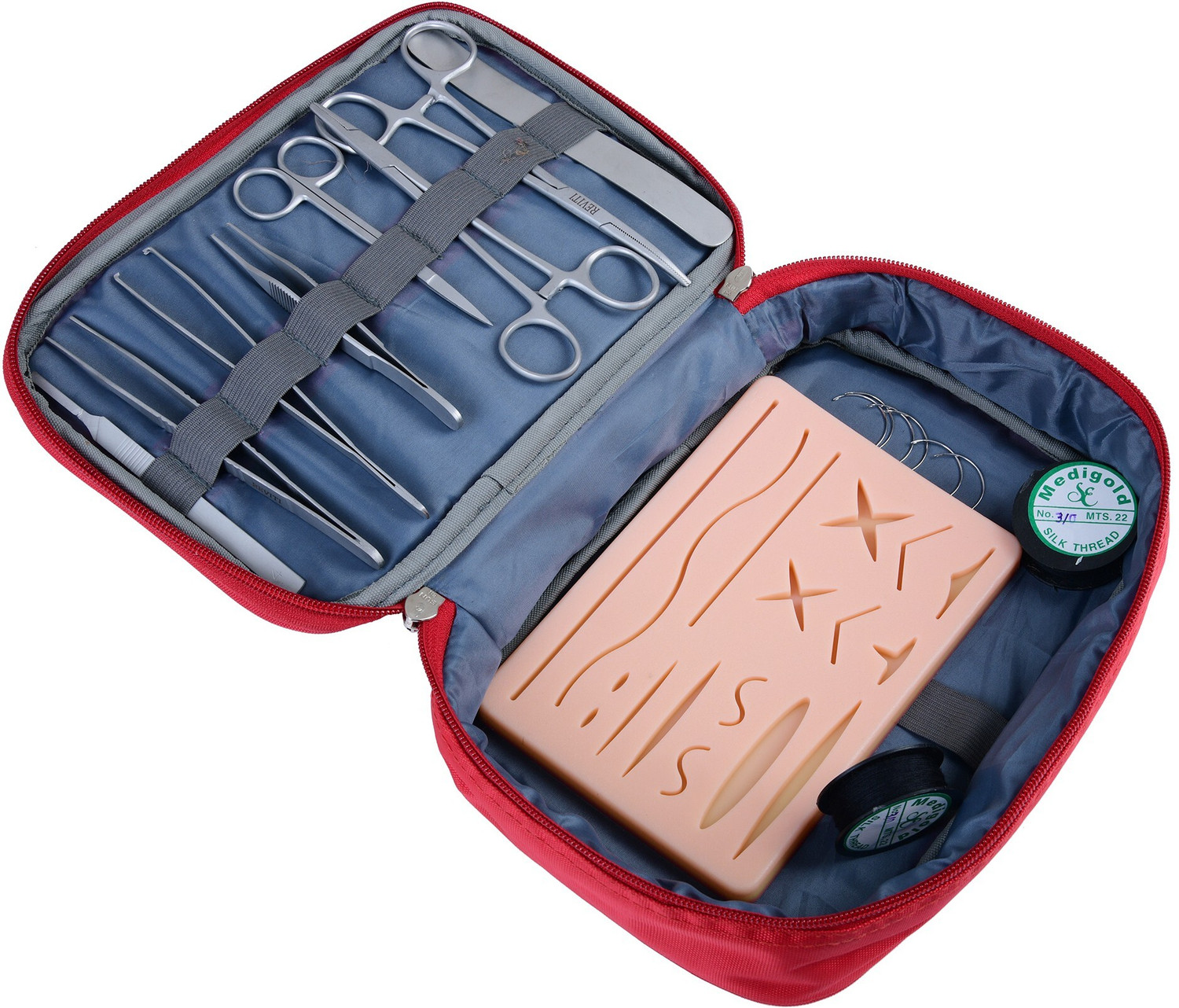 Image of REVITI Suture Practice Kit - 8 forceps with Advanced Model Skin Suture Pad for Medical Students(18 pre-Cut Wounds)