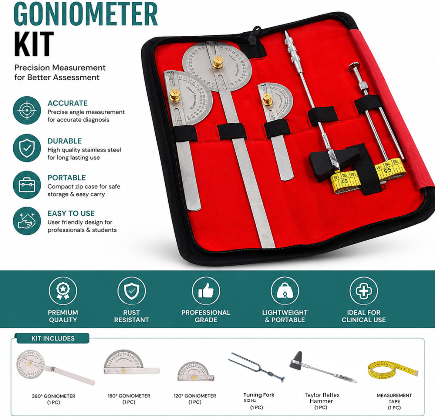 Image of Alitmun Goniometer Set of 6 for Physiotherapy & Orthopedic Assessment | Carrying Case | Medical Goniometer (28 cm, 20 cm, 15 cm)