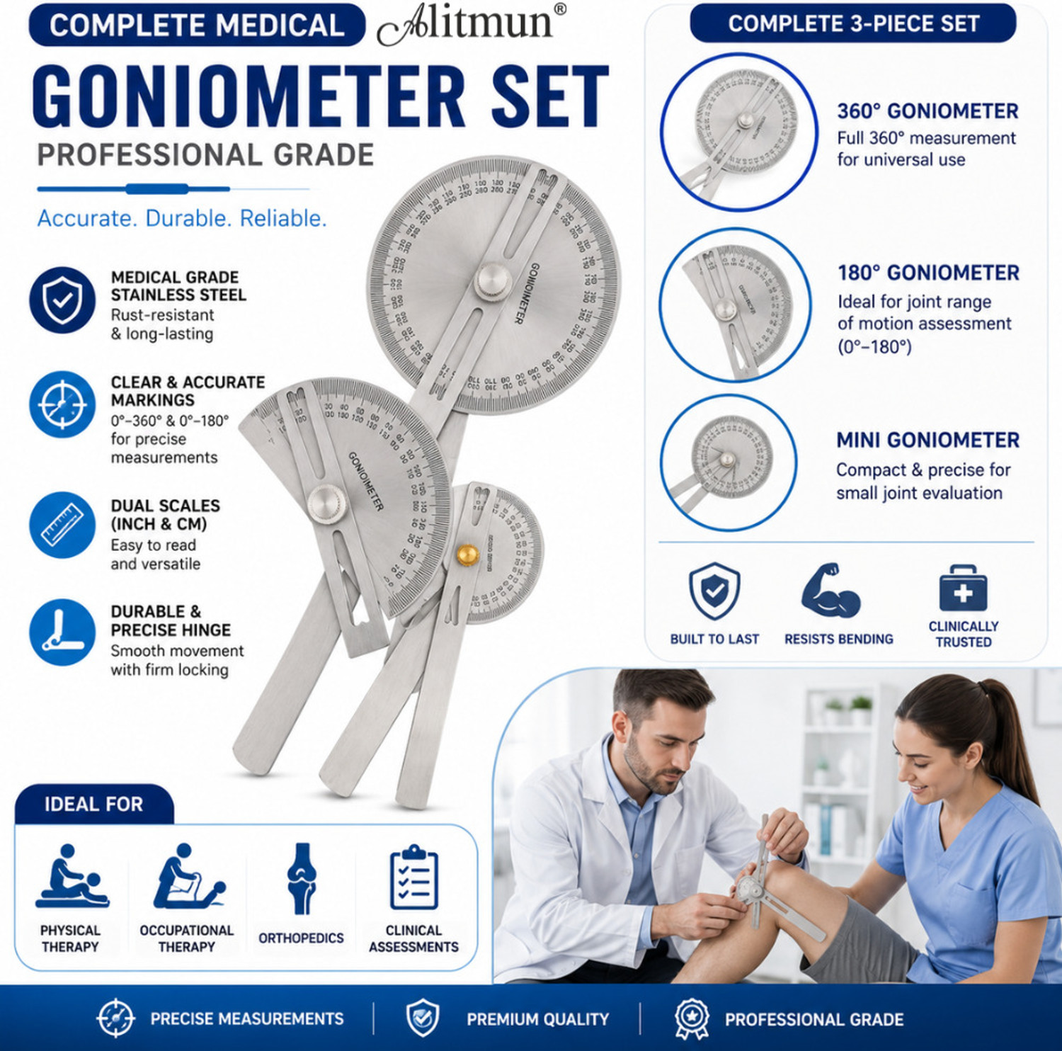 Image of Alitmun Goniometer Set of 6 for Physiotherapy & Orthopedic Assessment | Carrying Case | Medical Goniometer (28 cm, 20 cm, 15 cm)