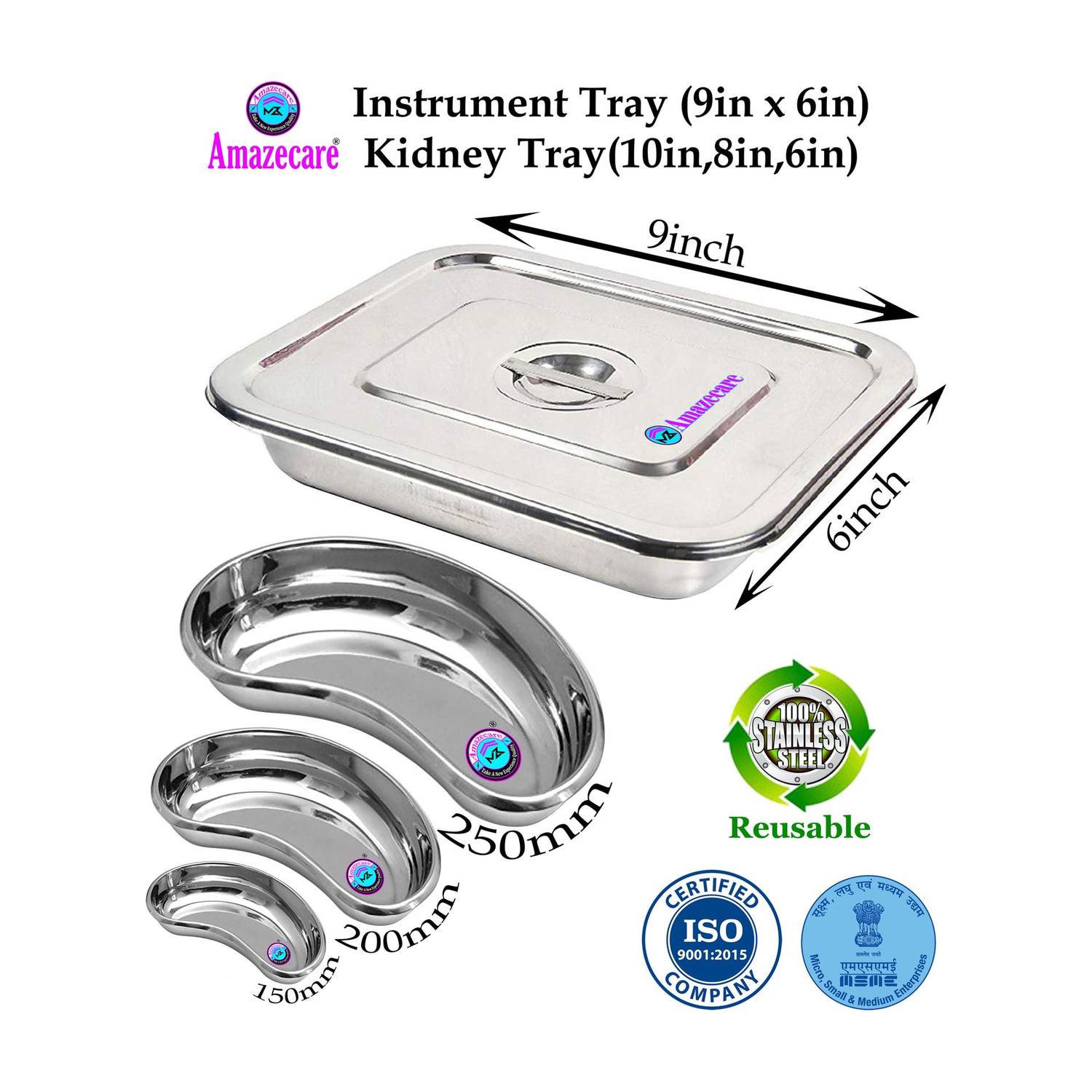 AMAZECARE Stainless Steel Medical Reusable Instrument Tray (9”inch x 6”inch) with lid & Set Of 3 Kidney Tray 250mm (10''in), 200mm (8”in), 150mm (6''in) Reusable Medical Tray