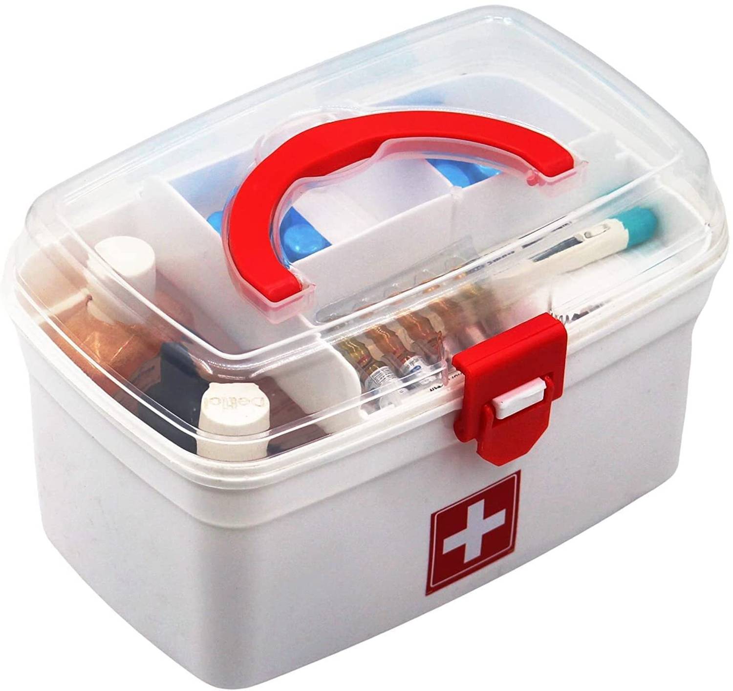 AMOZI Medicine Box with Handle – White, 2 Layer, Multiutility, Airtight, BPA-Free Surface Mounting Medicine Cabinet