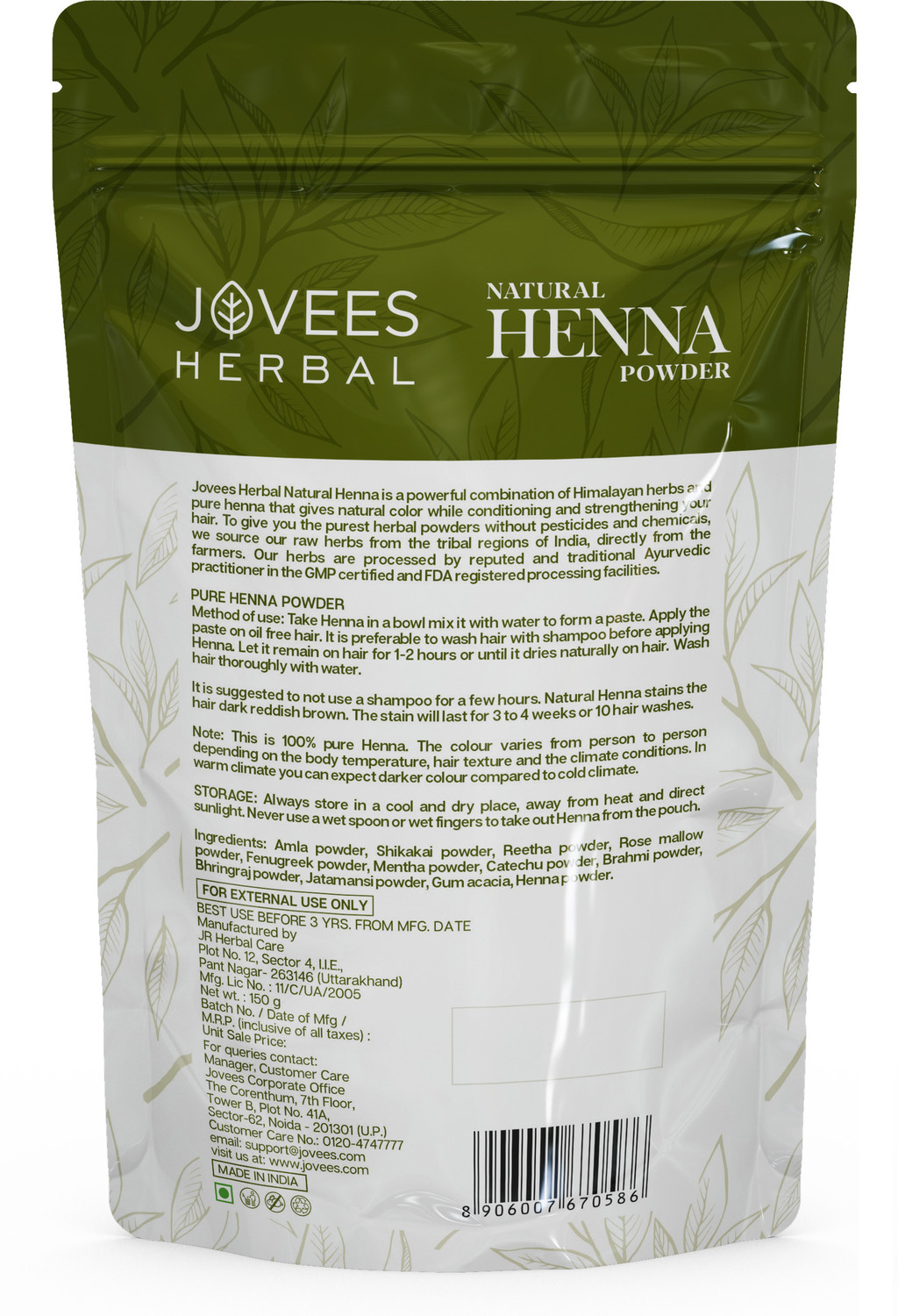 Image of JOVEES HERBAL MEHANDI HENNA & BRAHMI 150 GM , MEHANDI