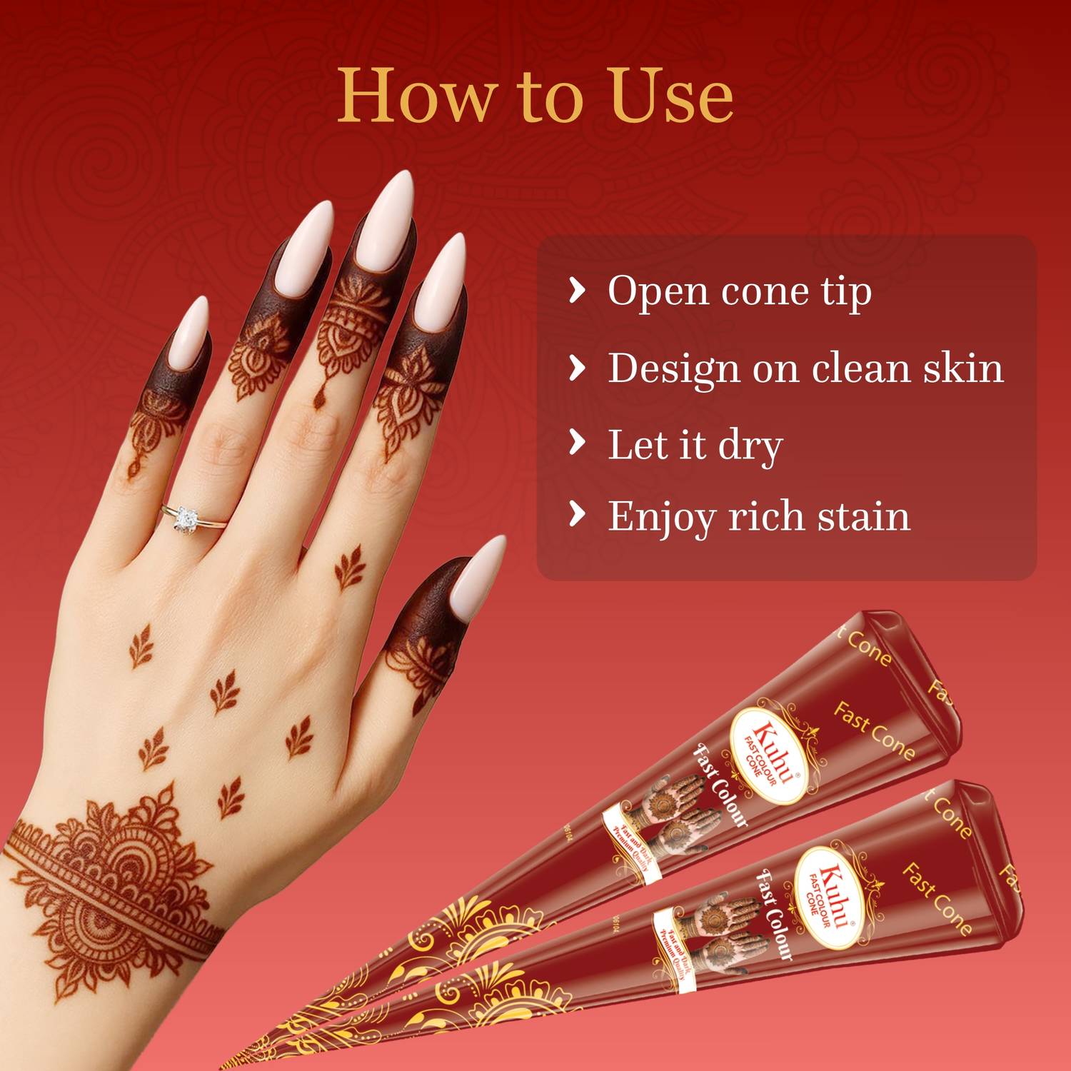 Kuhu Fast Color Henna Cone Reddish Maroon, 3-Red Box Quick Stain