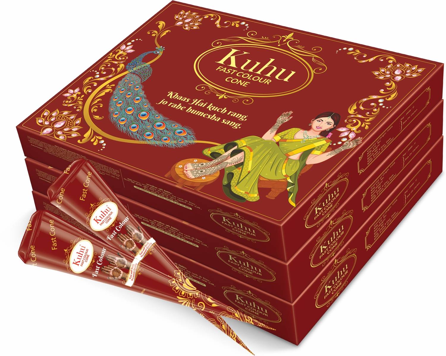 Kuhu Fast Color Henna Cone Reddish Maroon, 3-Red Box Quick Stain