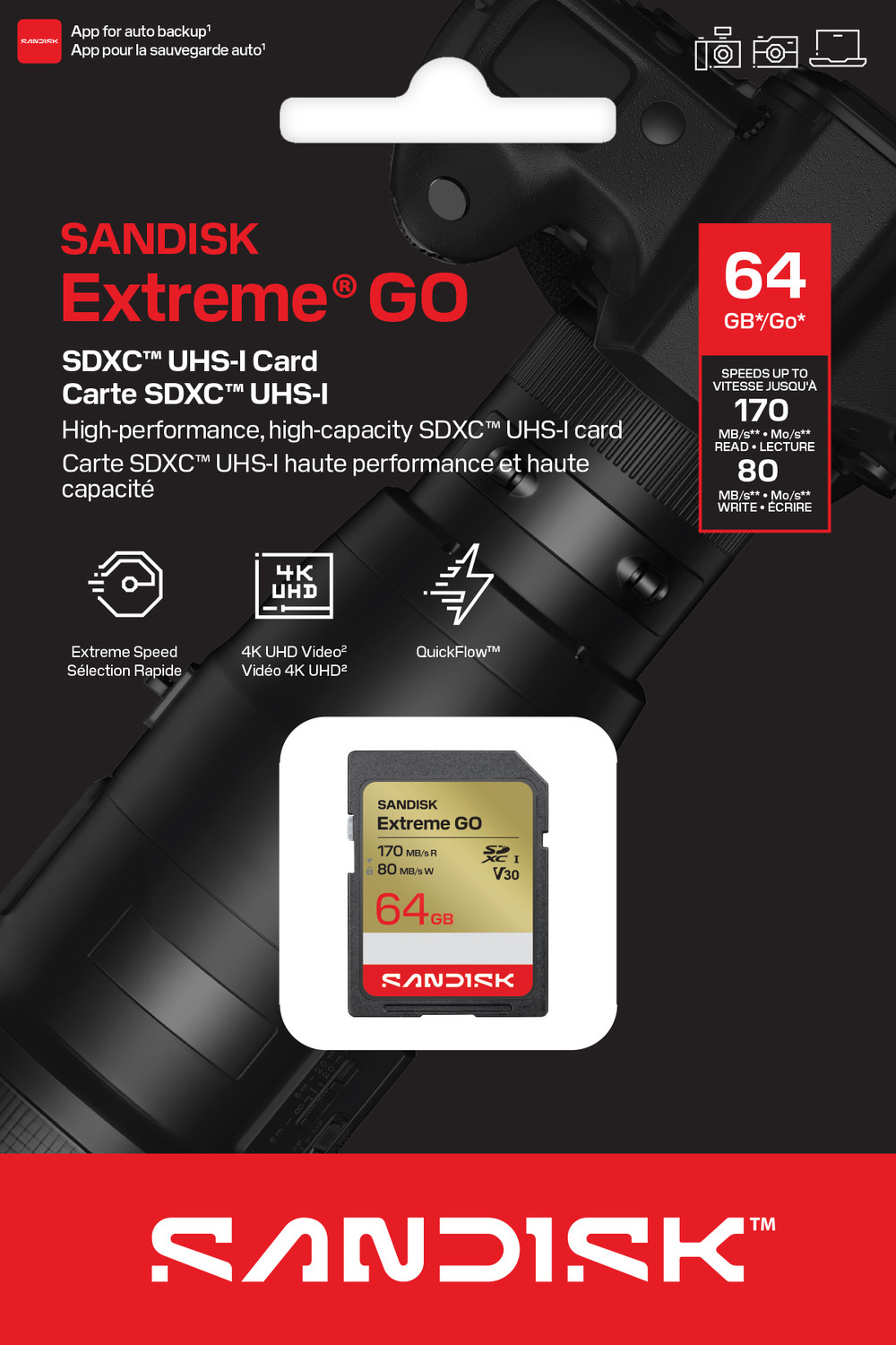 Image of SanDisk SDSDXGN-064G-GNCIN SANDISK Extreme GO SD UHS-I Card 64 GB SDXC UHS Class 1 170 MB /s Memory Card Compatible with Mobile, Computer, Tablet, Camera, Gaming Console