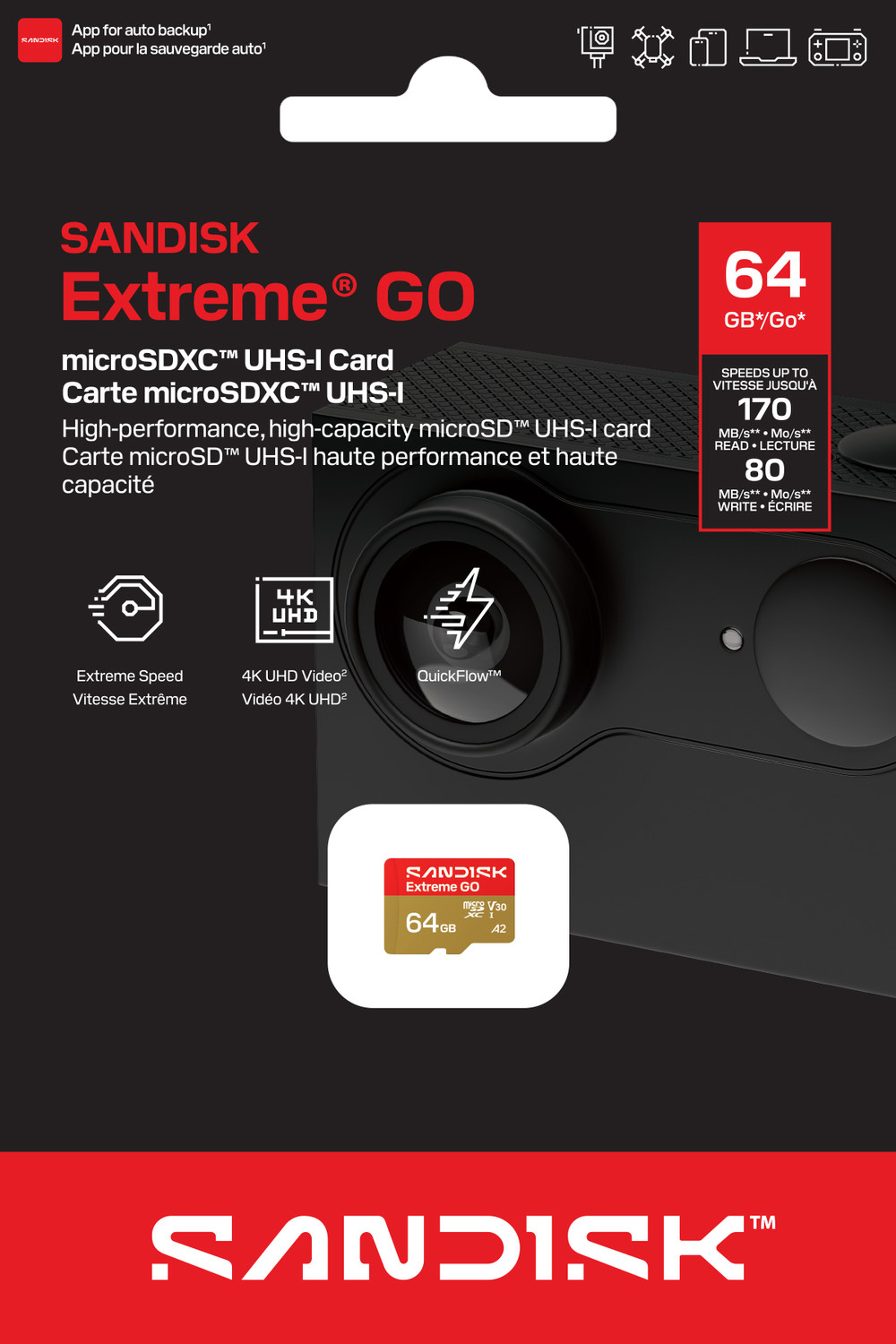 Image of SanDisk SDSQXGN-064G-GN6MN SANDISK Extreme GO microSDXC UHS-I Card 64 GB MicroSDXC Class 10 170 MB /s Memory Card Compatible with Mobile, Computer, Tablet, Camera, Gaming Console