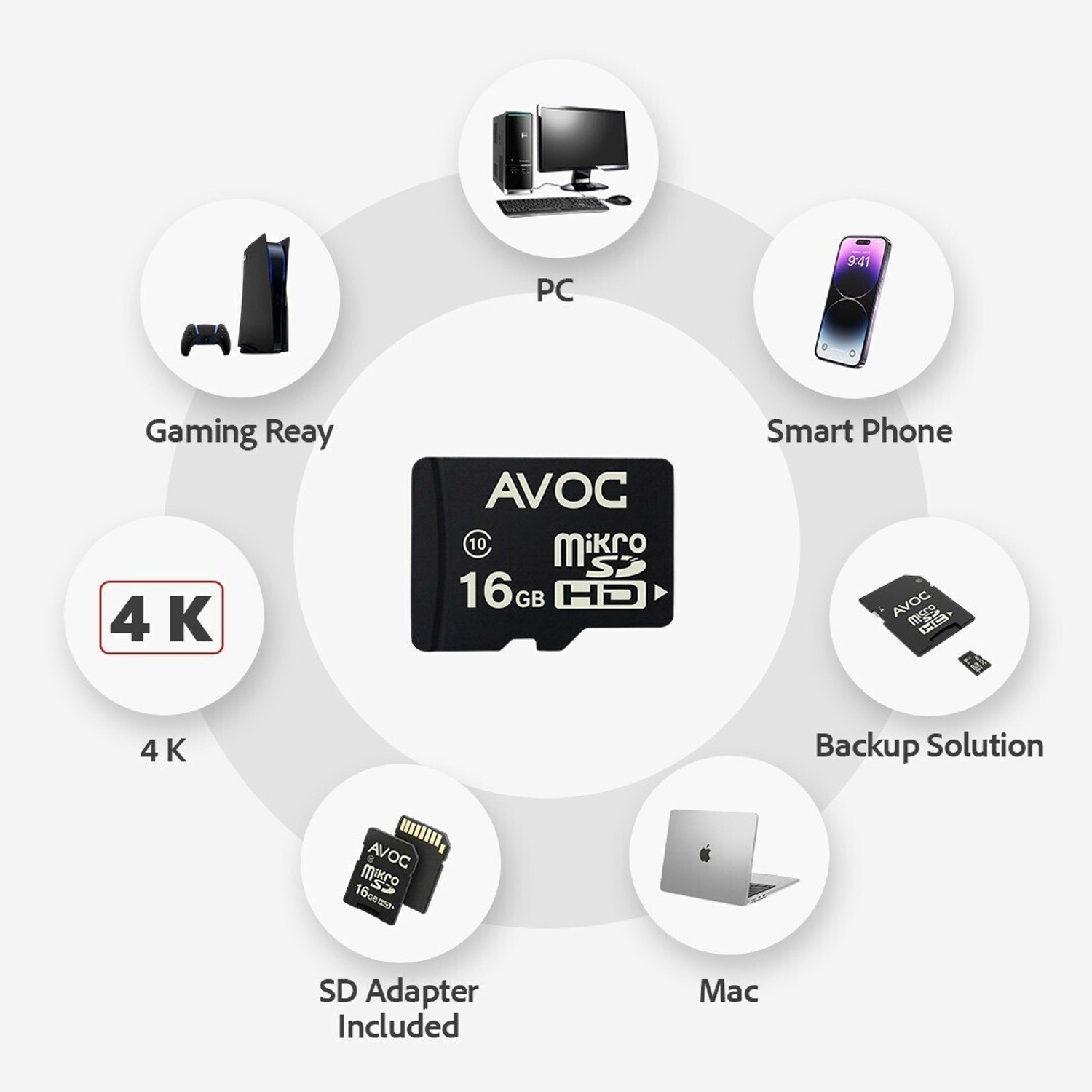 Image of AVOC FLASH A02 MC16 Micro HD 16 GB MicroSD Card Class 10 15 MB /s Memory Card Compatible with Camera, Computer, Gaming Console, Mobile, Tablet