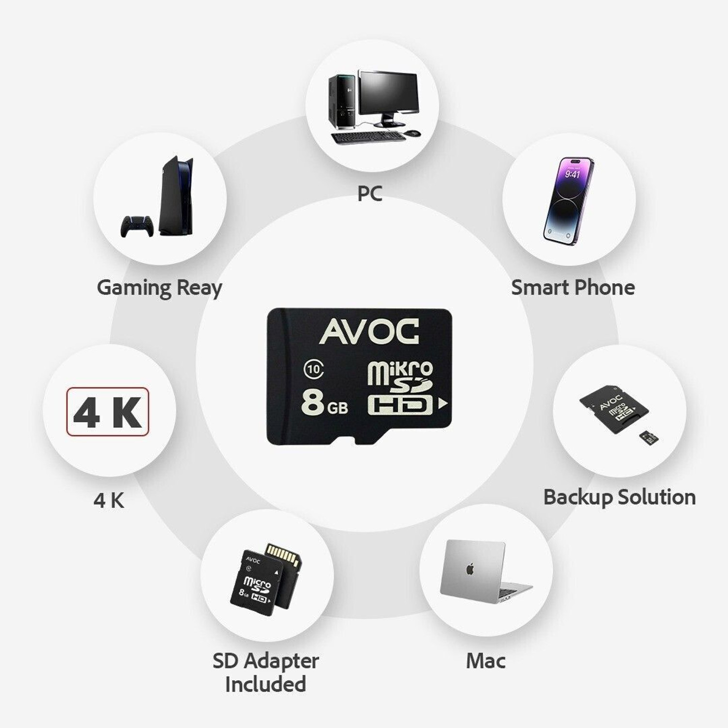 Image of AVOC FLASH A02 MC08 Micro HD 8 GB MicroSD Card Class 10 30 MB /s Memory Card Compatible with Camera, Computer, Gaming Console, Mobile, Tablet