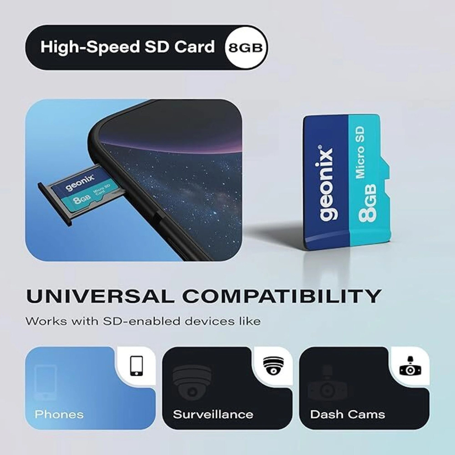 Image of GEONIX MICROSD CARD 8GB 150MB /s Read, 70MB /s Write, Memory Card 8 GB MicroSD Card Class 10 150 MB /s Memory Card Compatible with Mobile, Camera, Tablet, Computer