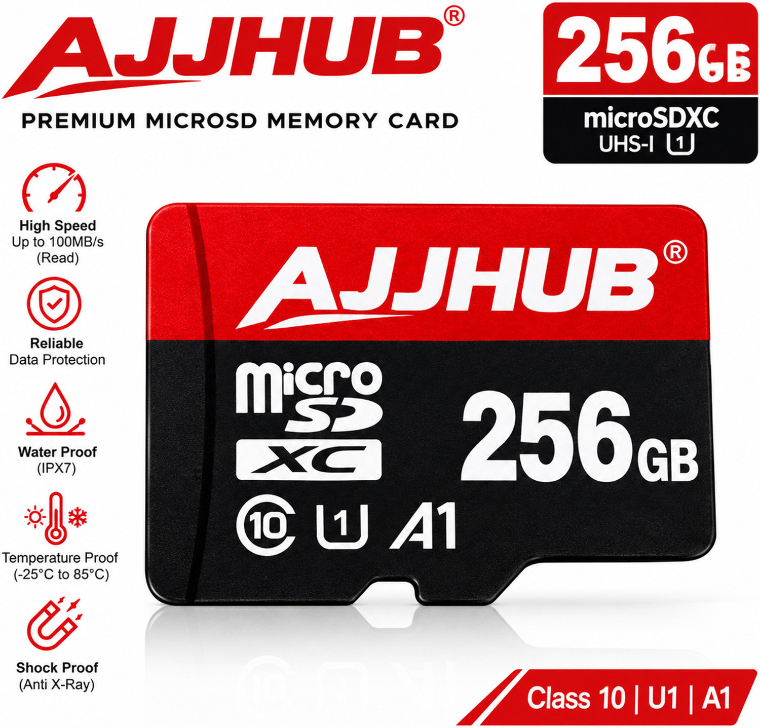 Image of AJJ HUB UHS-1 A1 256 GB MicroSDXC Class 10 100 MB /s Memory Card Compatible with Camera, Computer, Gaming Console, Mobile, Tablet