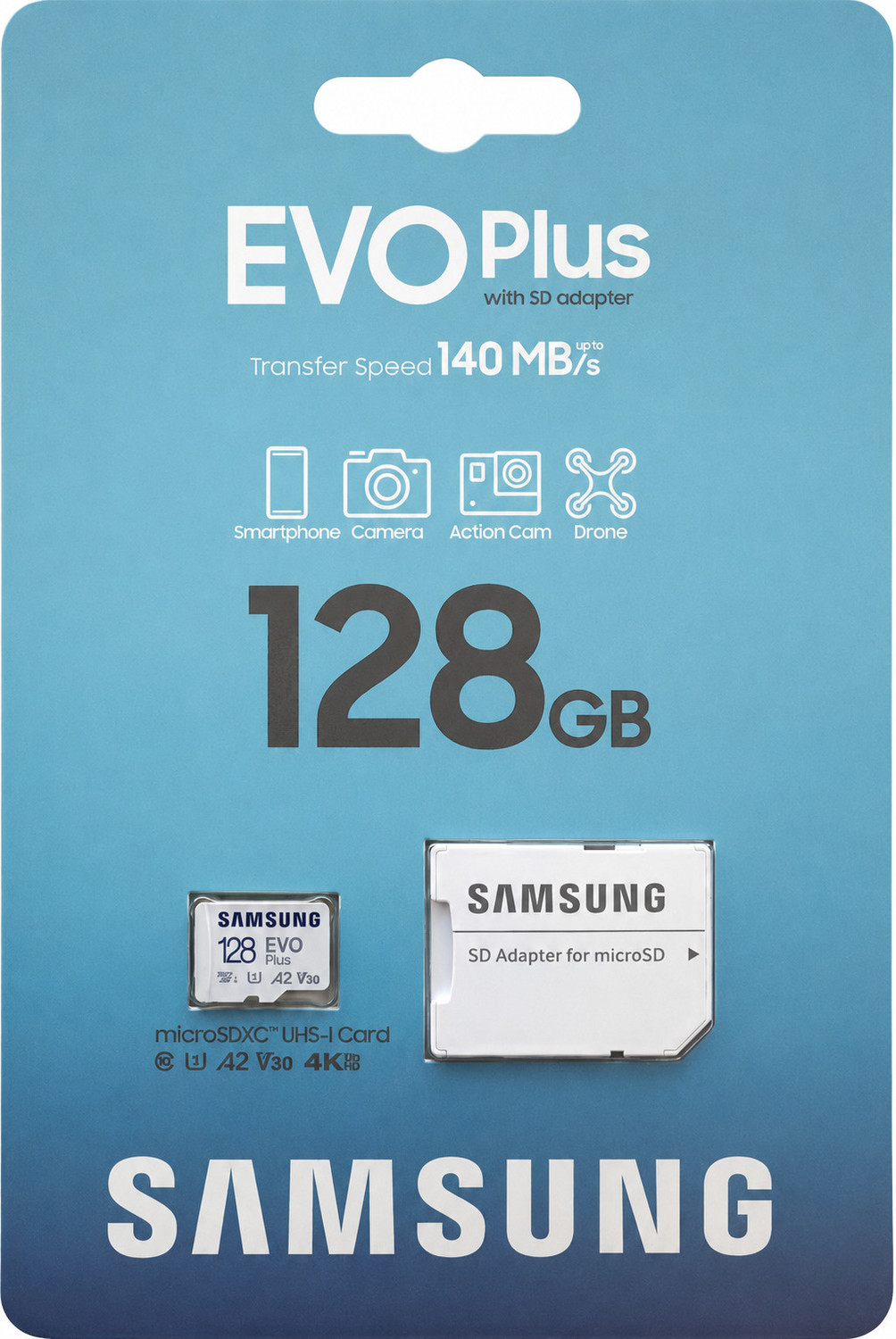 Image of SAMSUNG EVO plus 128gb micro SDXC W SD-Adapter EVO PLUS 128 GB MicroSDXC Class 10 140 MB /s Memory Card Compatible with Mobile, Tablet