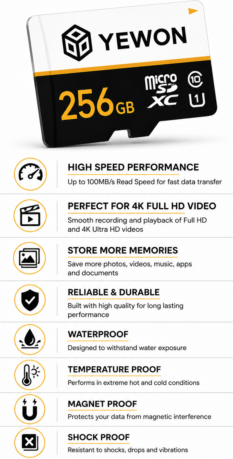 Image of YEWON 256Gb Memory Card A1 256 GB MicroSDXC Class 10 100 MB /s Memory Card Compatible with Mobile, Camera, Computer, Gaming Console, Tablet