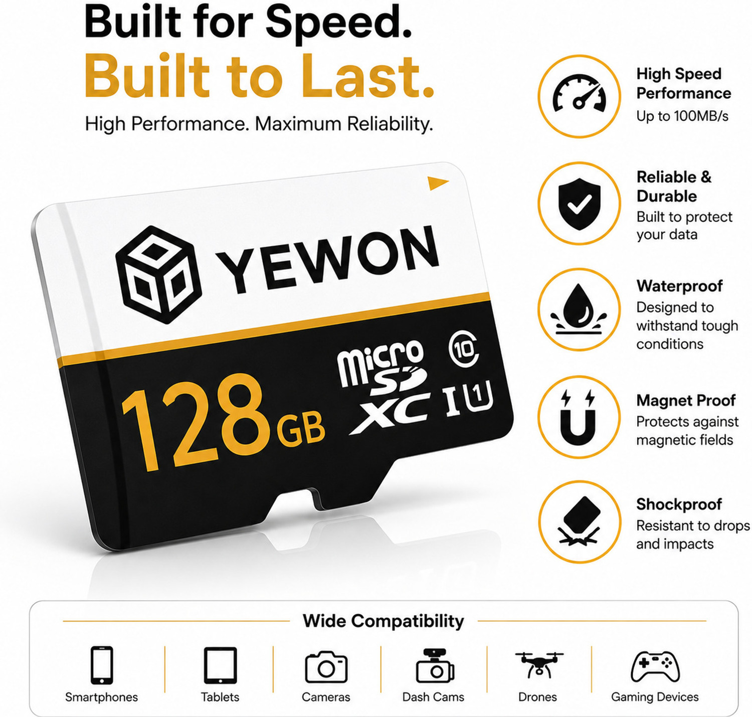 Image of YEWON 128 Memory Card A1 128 GB MicroSDXC Class 10 100 MB /s Memory Card Compatible with Mobile, Camera, Computer, Gaming Console, Tablet