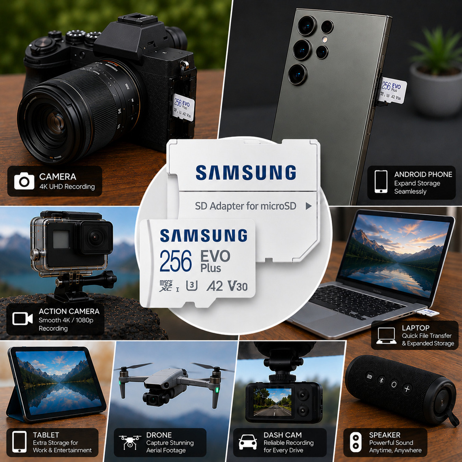 Image of SAMSUNG Micro SDXC w /SD Adaptor Evo Plus EVO PLUS 256 GB MicroSDXC Class 10 130 MB /s Memory Card Compatible with Camera, Computer, Gaming Console, Mobile, Tablet