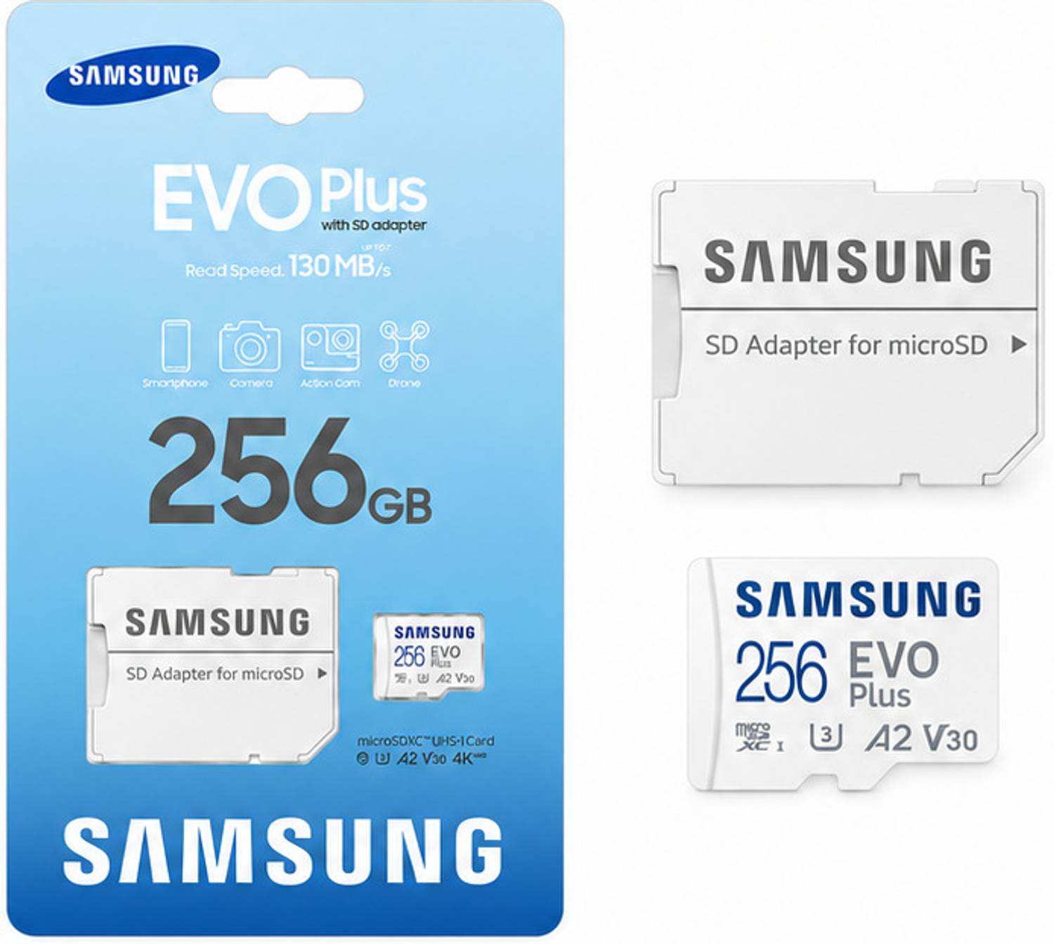 SAMSUNG EVO PLUS, 256 GB MicroSDXC, EVO PLUS 256 GB MicroSDXC Class 10 130 MB/s  Memory Card Compatible with Camera, Computer, Gaming Console, Mobile, Tablet