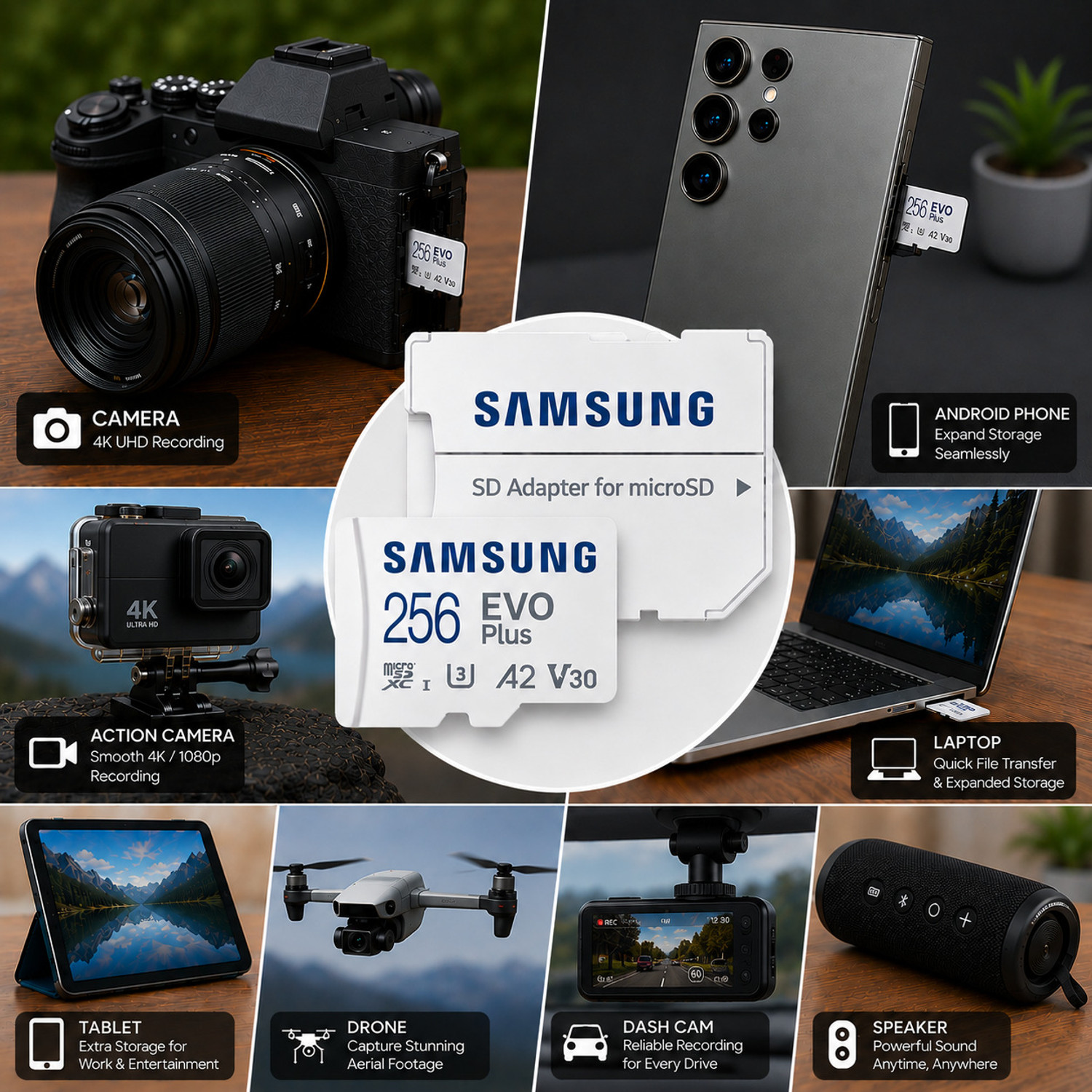 Image of SAMSUNG MicroSDXC Class 10, EVO PLUS 256 GB MicroSDXC Class 10 130 MB /s Memory Card Compatible with Camera, Computer, Gaming Console, Mobile, Tablet