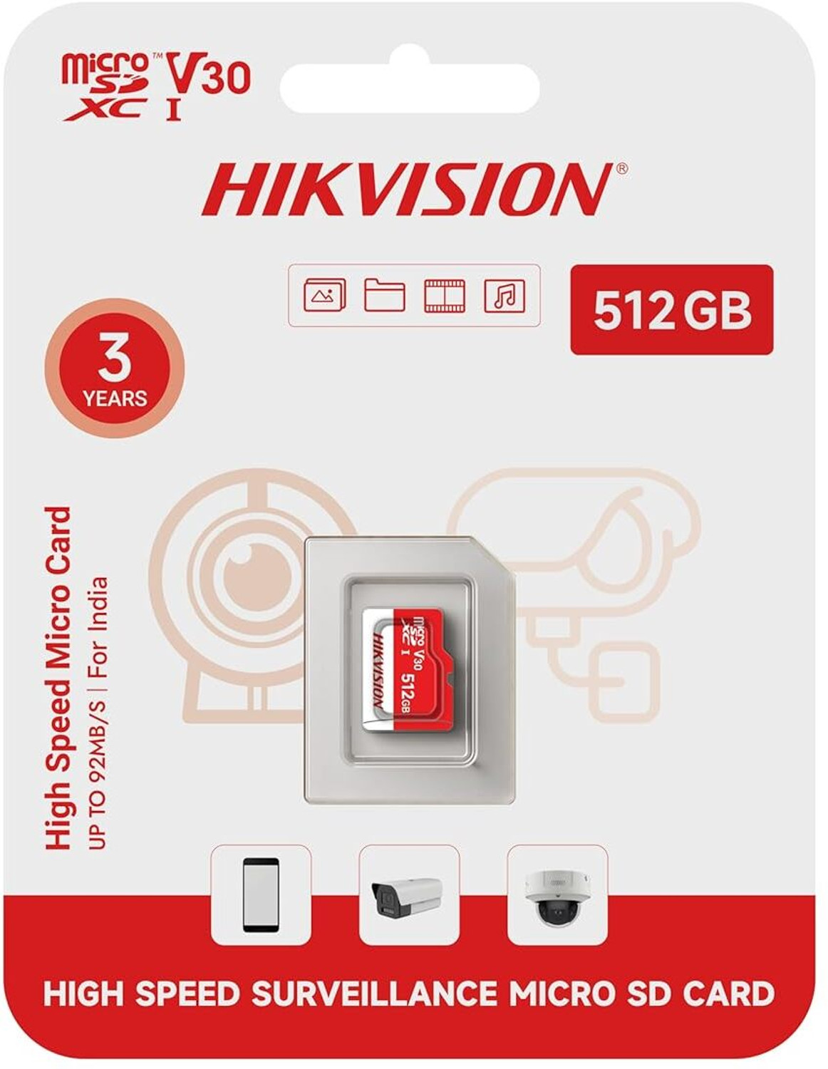 Image of HIKVISION HS-TF-D1(DZ) /512G /INDIA /WW V30 512 GB MicroSDXC Class 10 92 MB /s Memory Card Compatible with Camera, Mobile, Tablet