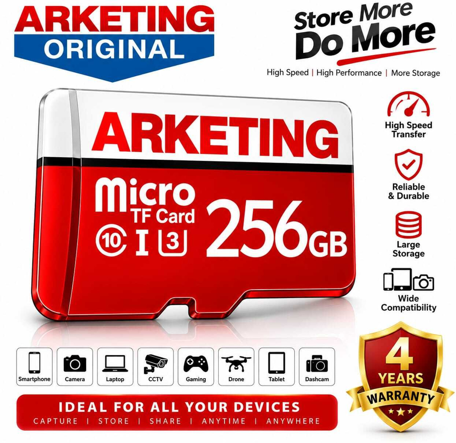Image of ARKETING ARK-Z1L6RW ARK-Z1L6RW 256 GB SDXC UHS-I Card Class 10 120 MB /s Memory Card Compatible with Camera, Computer, Gaming Console, Mobile, Tablet