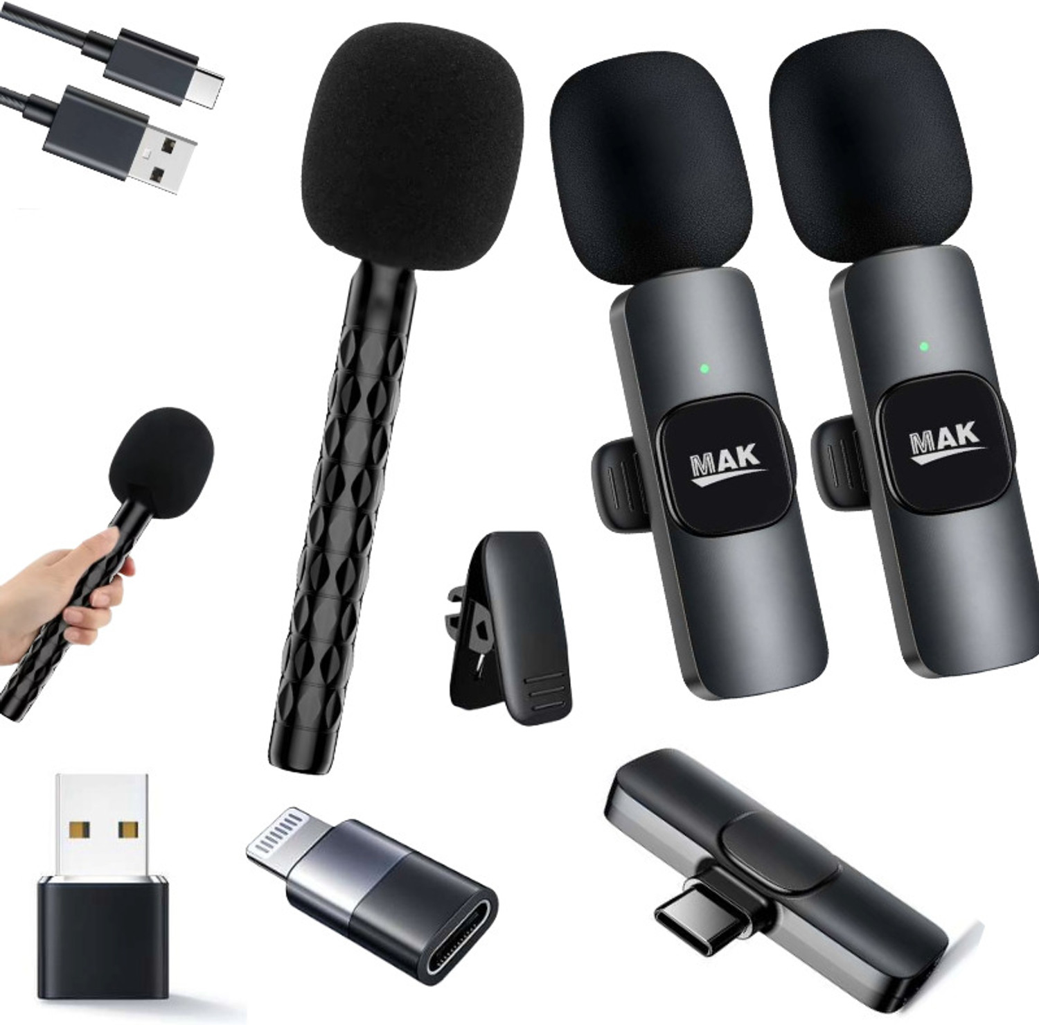 Image of MAK Dual Wireless Mic with Handheld Holder for Vlogging, Interviews & Recording Microphone (Black)