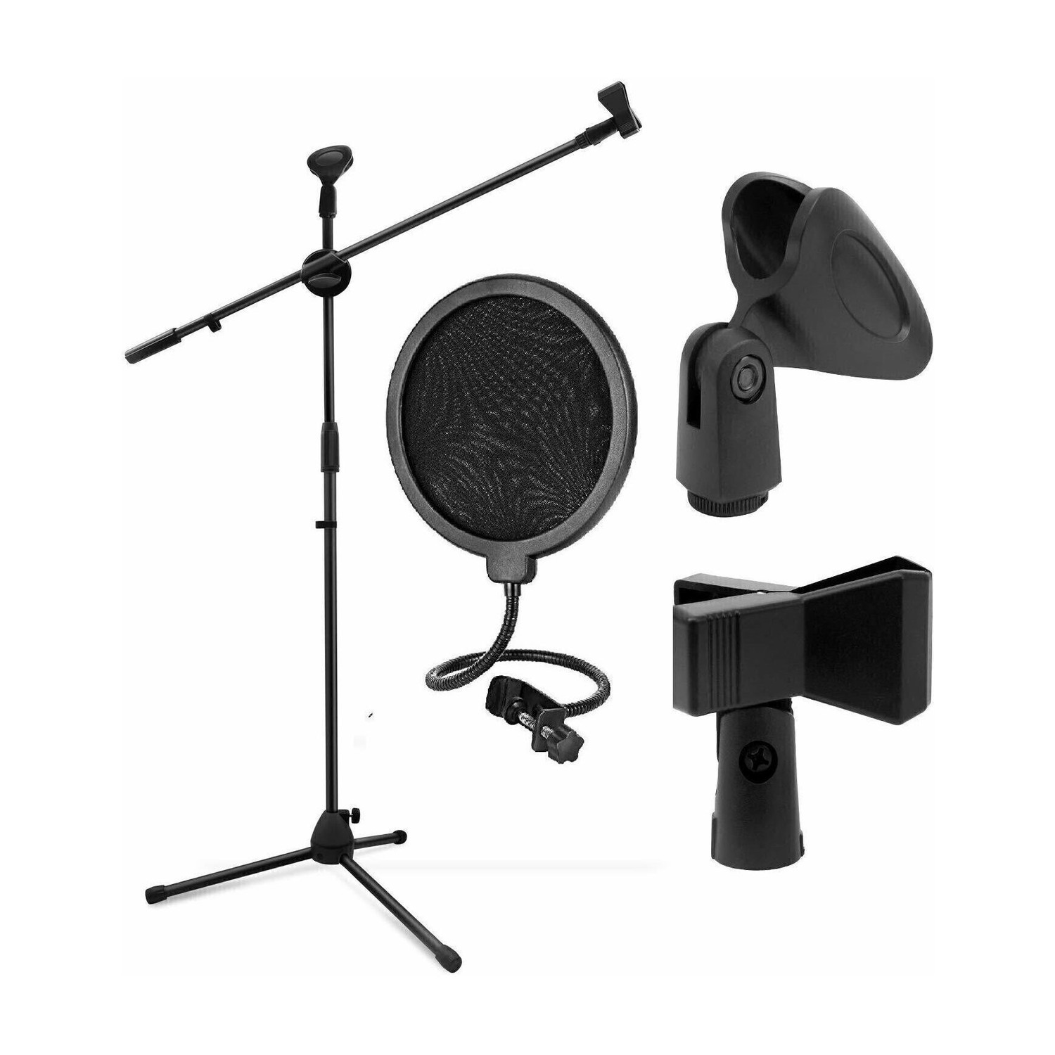 Image of Urban Infotech 3 Leg Boom Double Microphone Stand NB-200 Adjustable Mic Stand with 2 Mic Clip Holders & Pop Filter Mike Stand for BM800 Condenser Singing, Speech, Stage and Studio Recording NA (Black) Microphone Stand