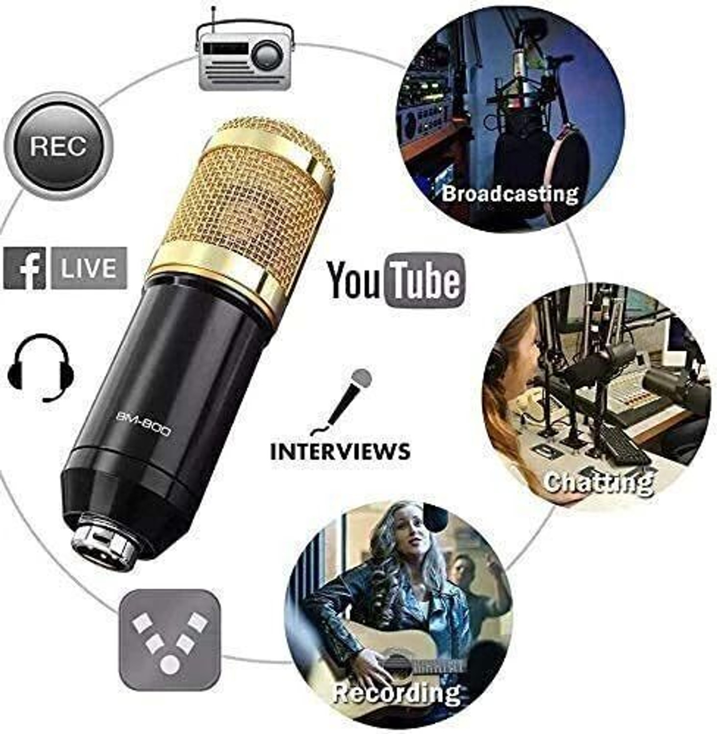 Image of AMG Music BM800 Microphone Set for Recording BM800 Condenser Mic with Arm Stand, Pop Filter Mic for Singing Recording Podcast