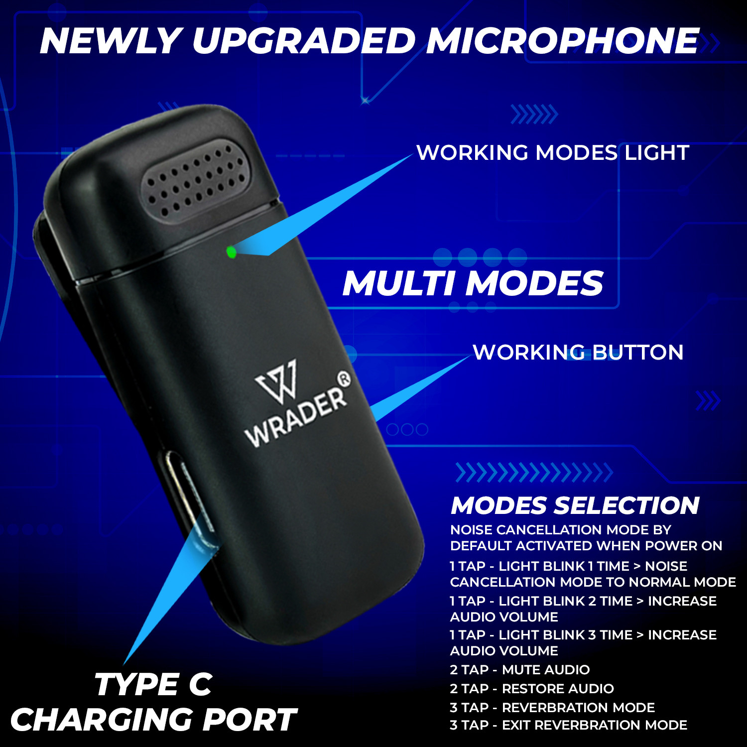Image of WRADER Wireless Mic with Muff Noise Cancelling Microphone for Vlogging Video Recording Microphone