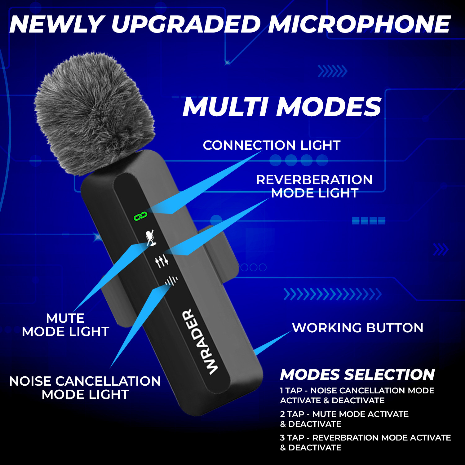 Image of WRADER Wireless Lapel Mic with Noise Cancellation for Video Recording and Vlogs Mobile Microphone