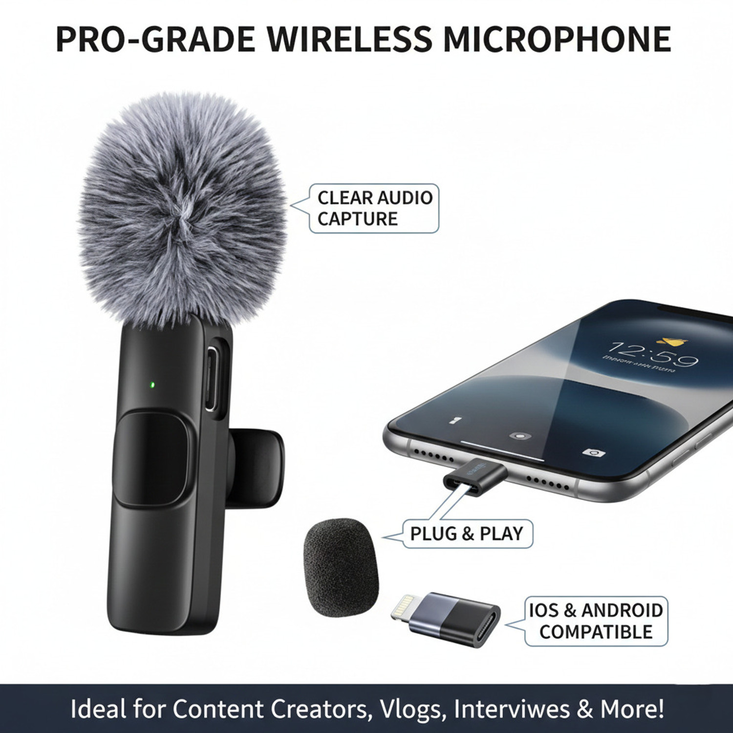 Image of GADGETSWEAR K8 Wireless Furry Mic For Youtuber, Recording,Podcast, With Type-C & IOS Support Mike for Vlogging, Microphone, Mic Wireless, Content Creator Microphone