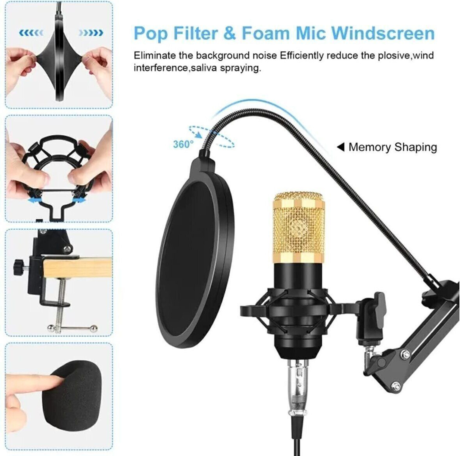 Image of AMG Music BM800 Microphone Set for Recording BM800 Condenser Mic with Arm Stand, Pop Filter Mic for Singing Recording Podcast