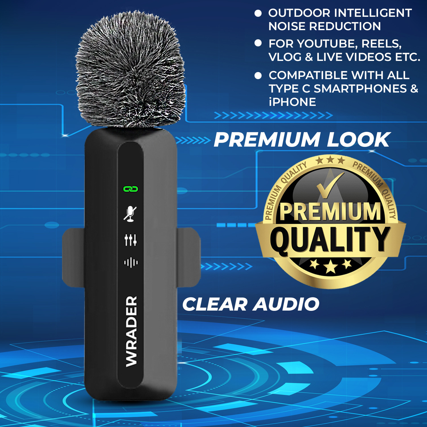Image of WRADER Wireless Lapel Mic with Noise Cancellation for Video Recording and Vlogs Mobile Microphone