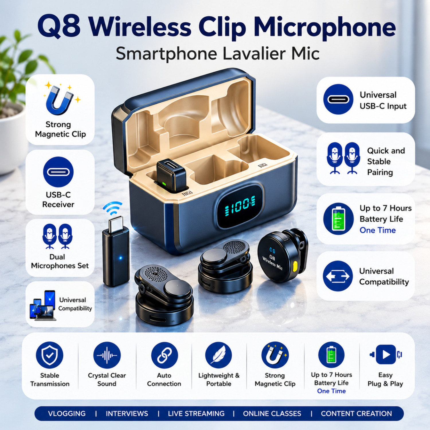 Image of RV Enterprises Q8 Dual Wireless Lavalier Mic, Charging Case, Noise Reduction for Type C Mobile Microphone