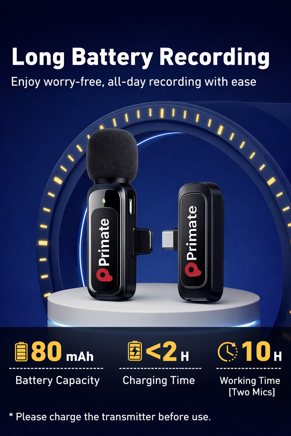 Image of Primate Wireless Mic For Youtube Mic For Vlogging Video Recording , Type-C Plug & Play Microphone