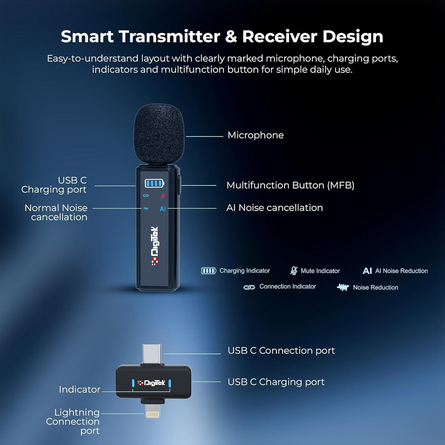Image of DIGITEK DMW 021 Wireless Microphone 2 Transmitter, 1 Receiver with AI Noise Cancellation Microphone
