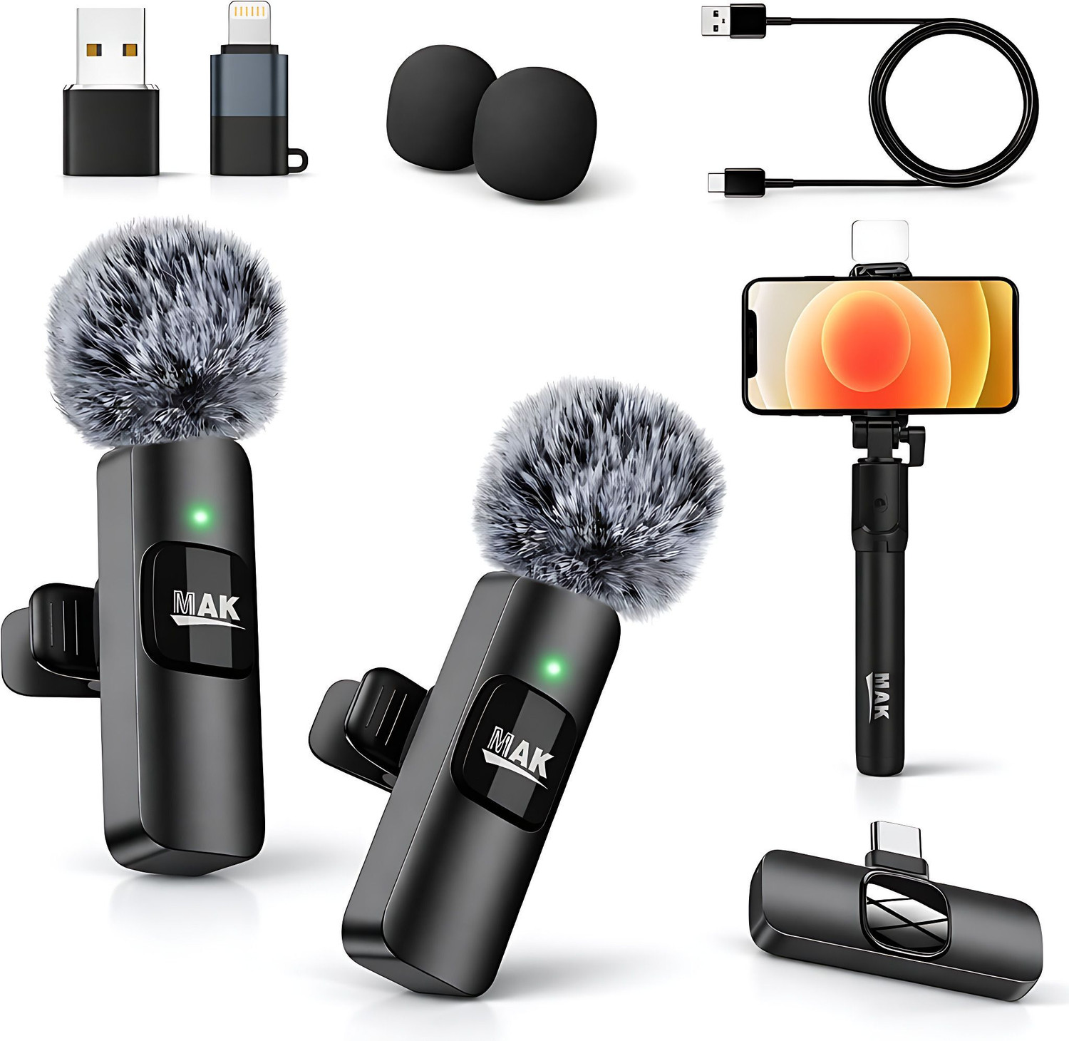Image of MAK MK-09 Dual Wireless Mic with Furry Windshield & LED Selfie Stick Microphone