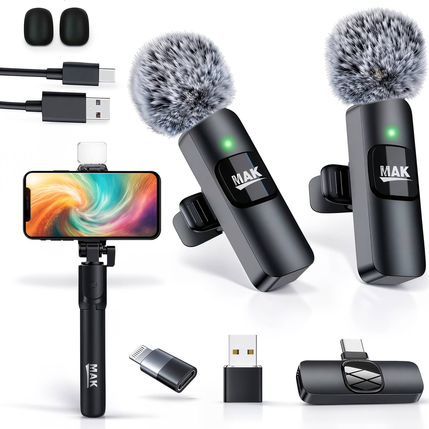 MAK Dual Wireless Mic and LED Selfie Stick - Image 1