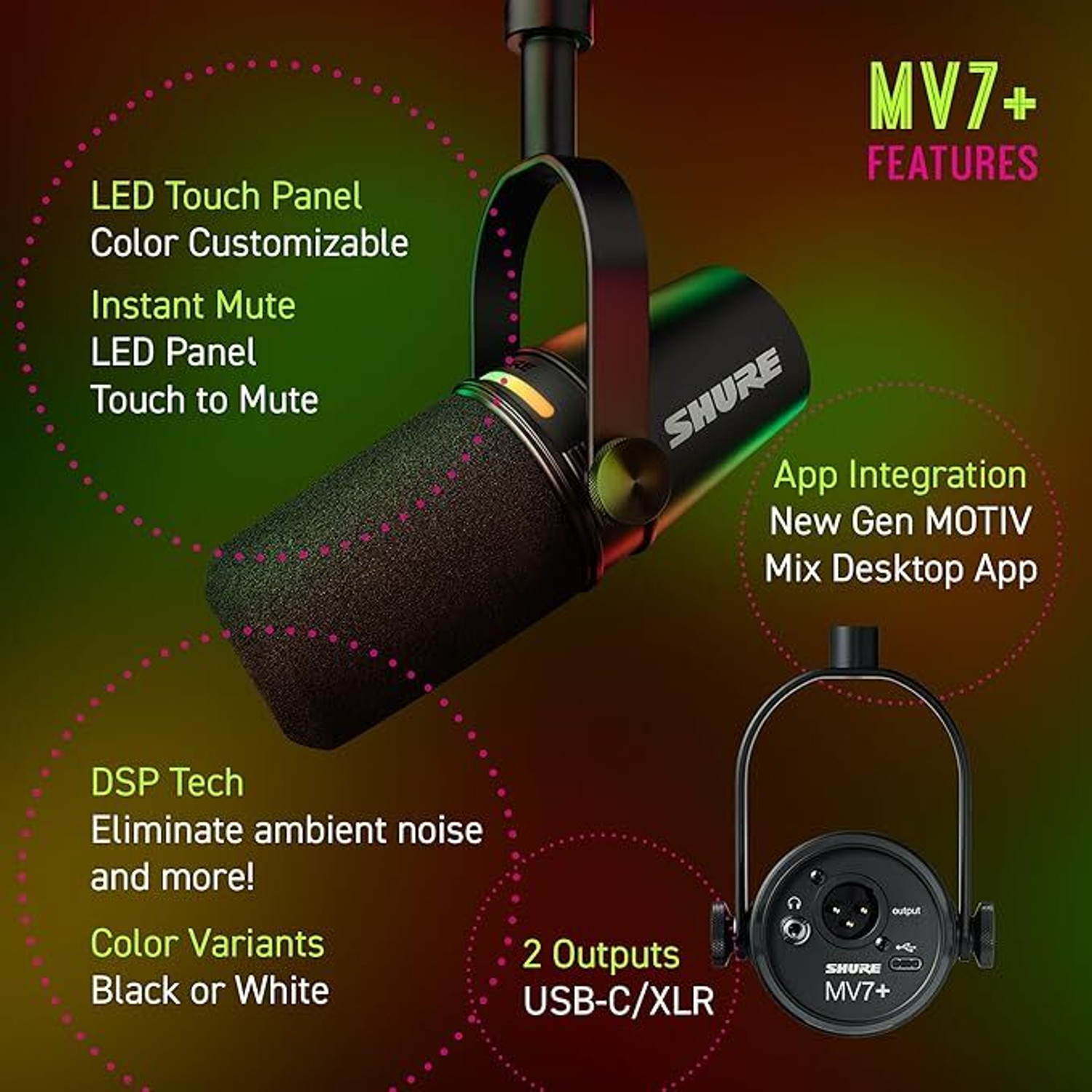 Image of Shure MV7+Podcast Microphone Enhanced Audio,LED Touch USB-C & XLR Outputs-Black Microphone