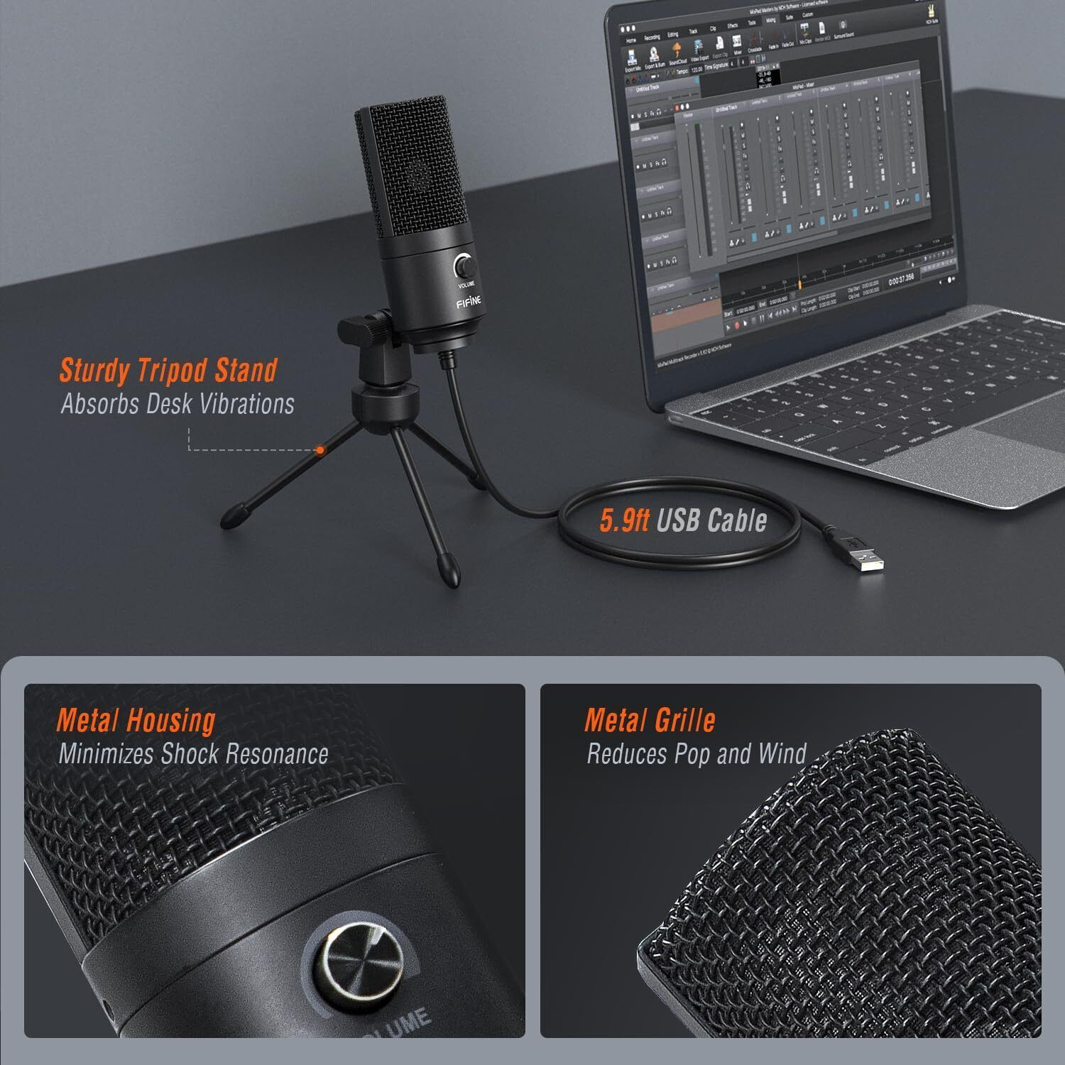 Image of Fifine (Open Box) K669B USB Metal Condensor, MAC OS, Windows, Cardioid Microphone