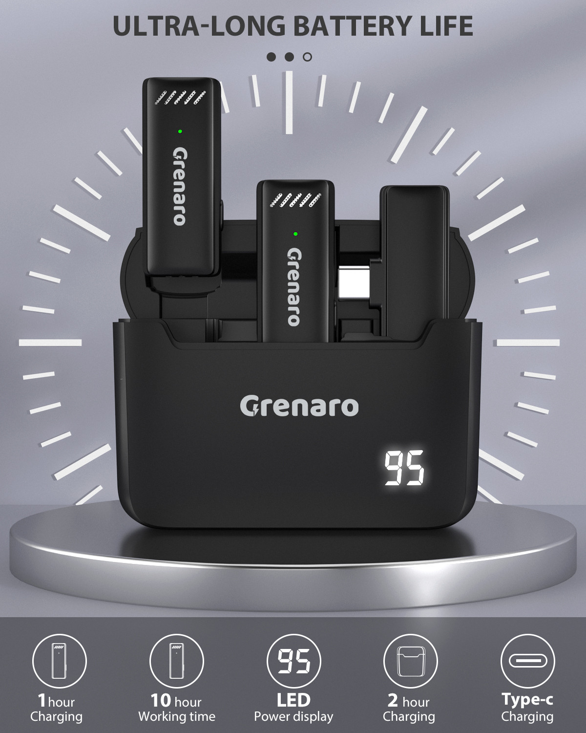 Image of Grenaro Wireless Mic with Digital Display Charging Case, Type-C iPhone(One to Two) Microphone