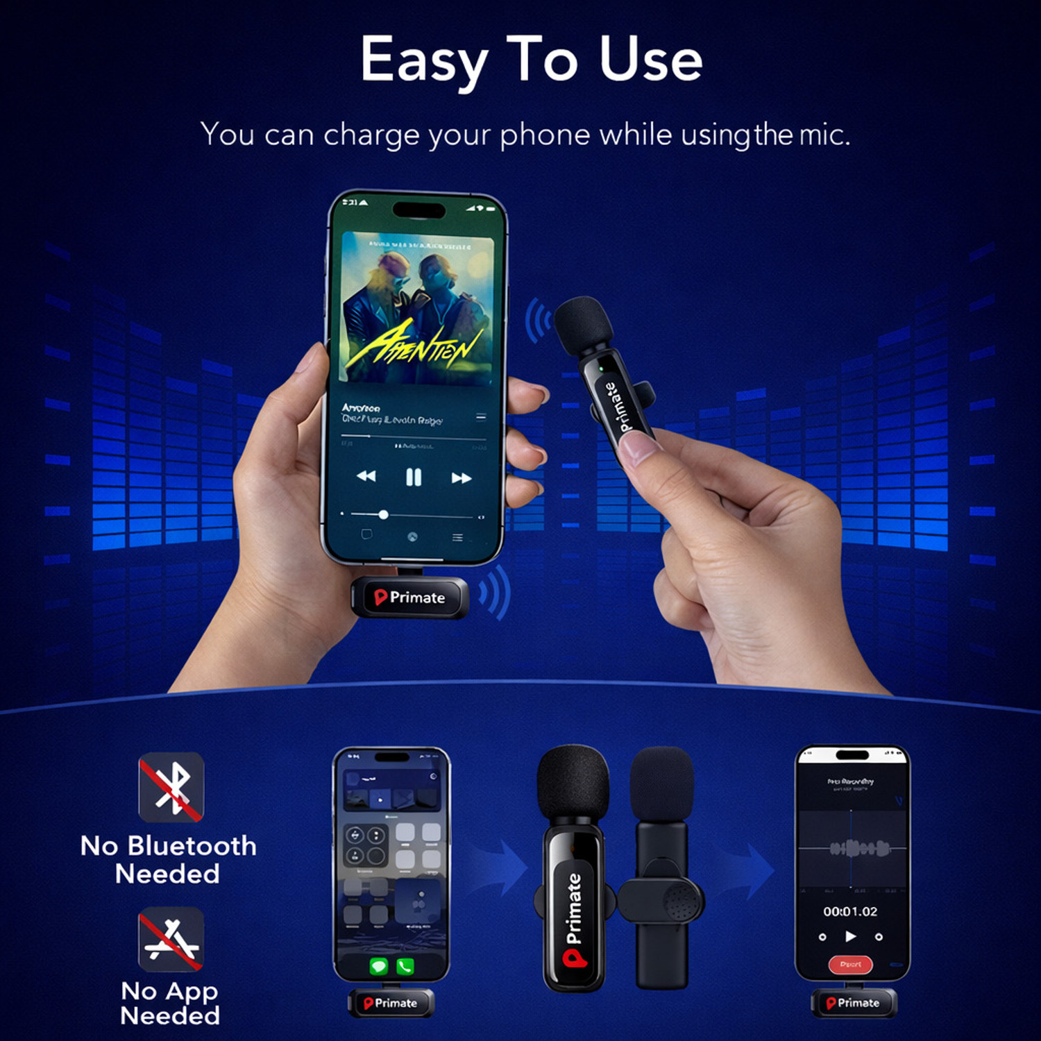 Image of Primate Wireless Mic For Youtube Mic For Vlogging Video Recording , Type-C Plug & Play Microphone
