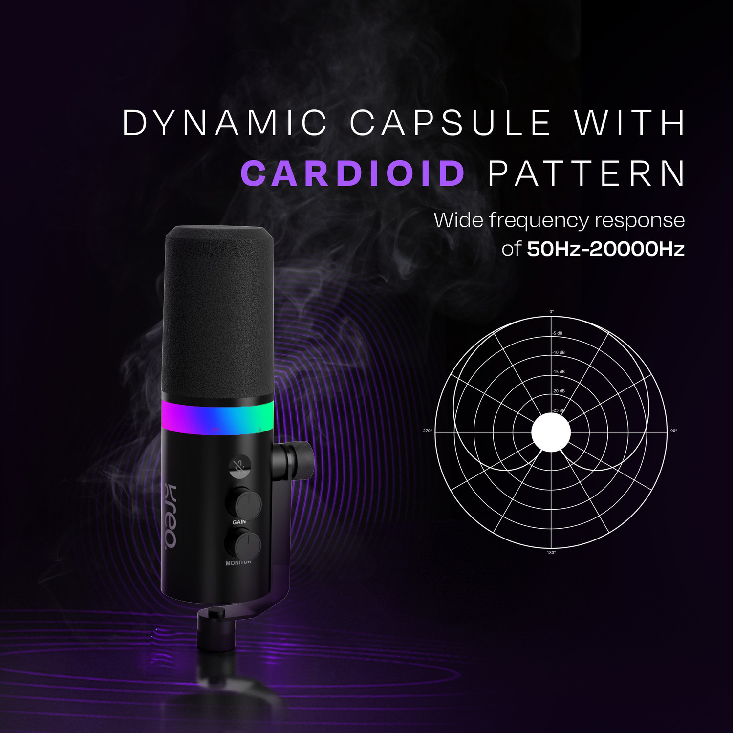 Image of Kreo Sonik Professional Dynamic Mic with RGB, Noise Rejection, Dual Connectivity Camera Microphone