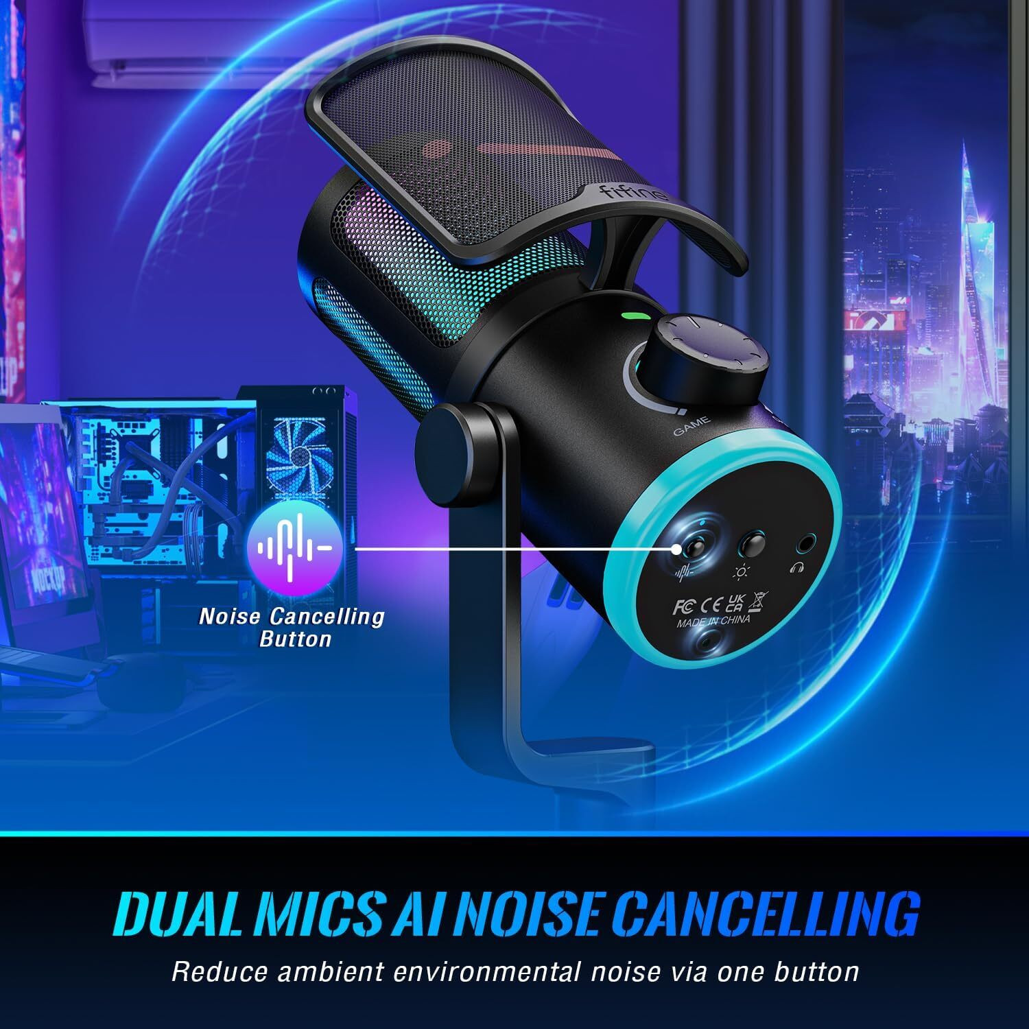 Image of Fifine AM6 USB Gaming Microphone with Game Chat Balance, RGB and Mute Function Microphone