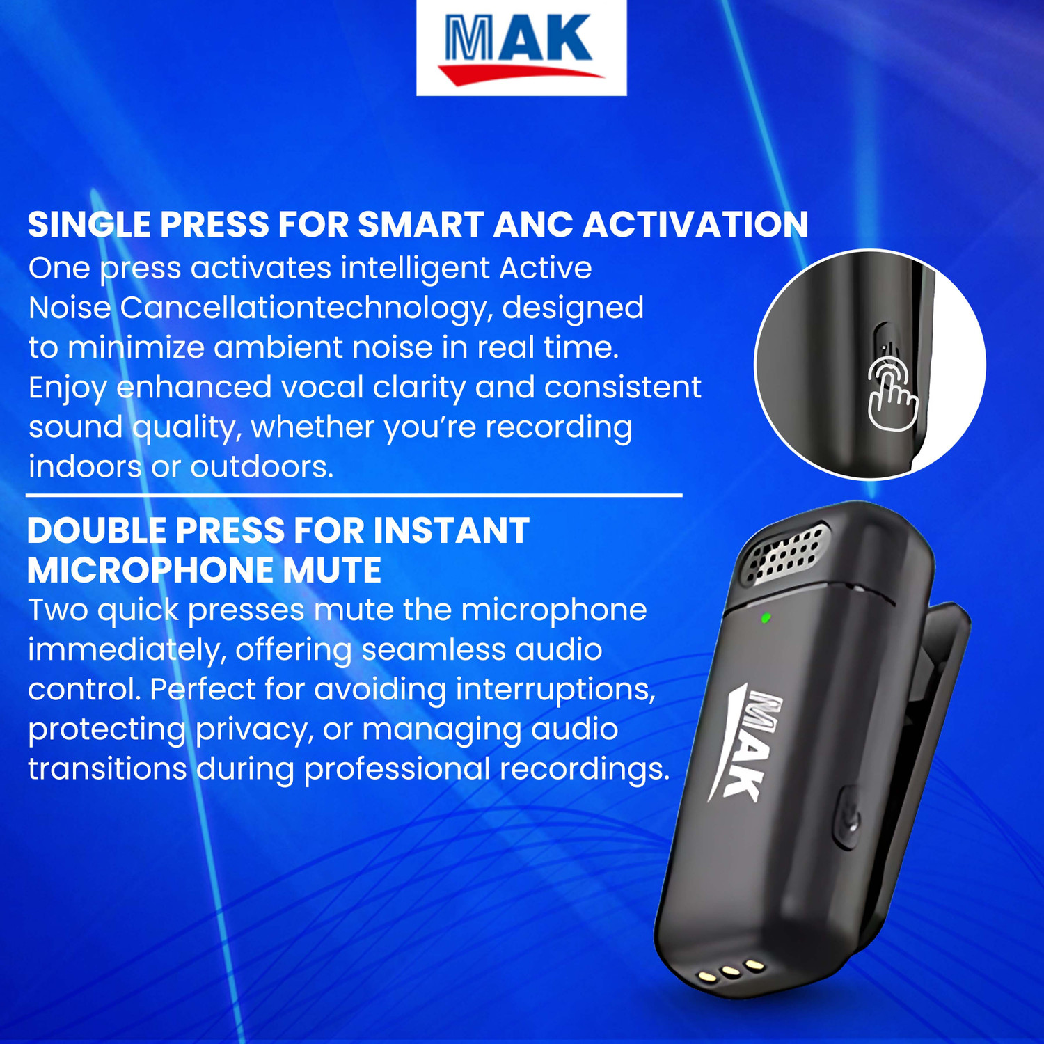 Image of MAK Wireless Dual Microphone with ANC & Smart Display Case for Creators Microphone