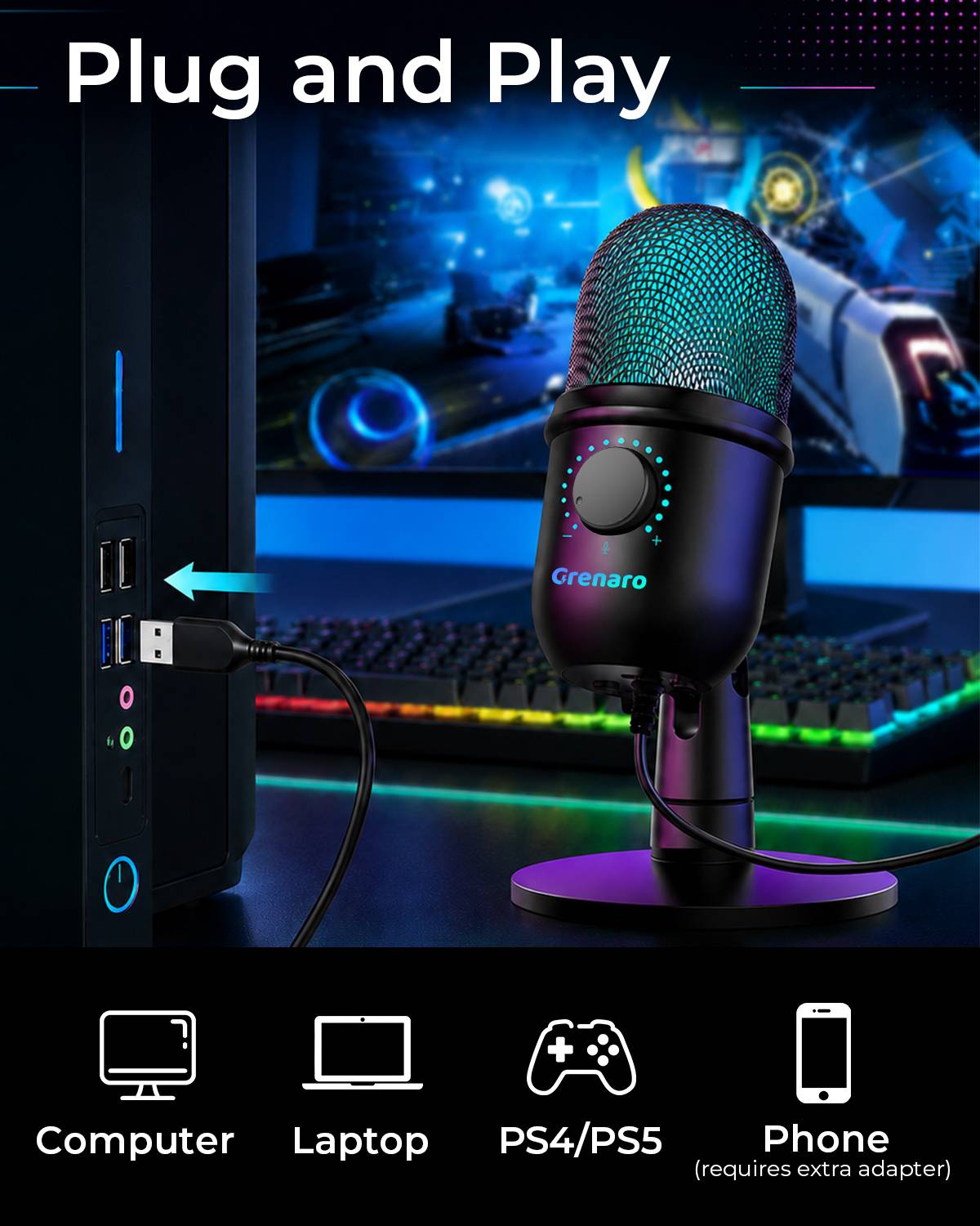 Grenaro USB Condenser Microphone with RGB Lighting - Image 5