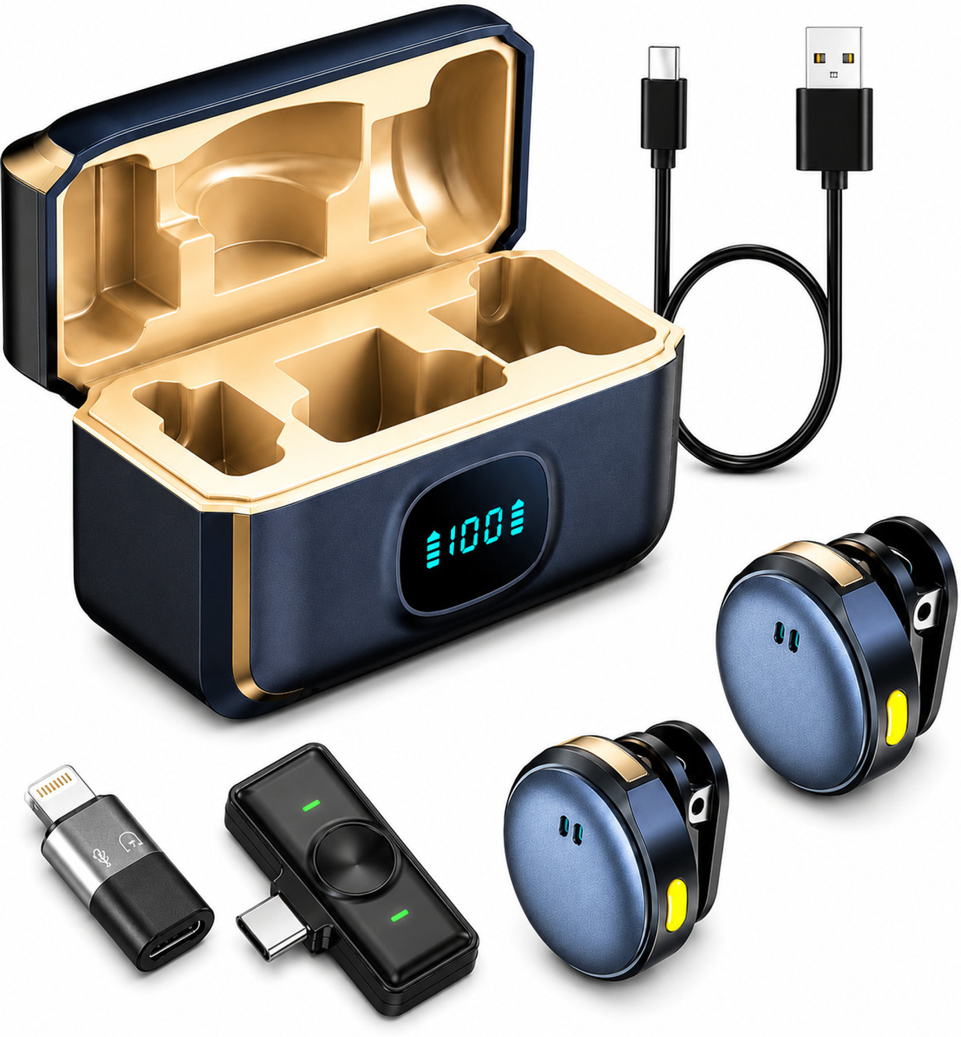 Image of Audioland Q8 Dual Wireless Lavalier Mic with LED Case, Noise Cancelling for Android Microphone